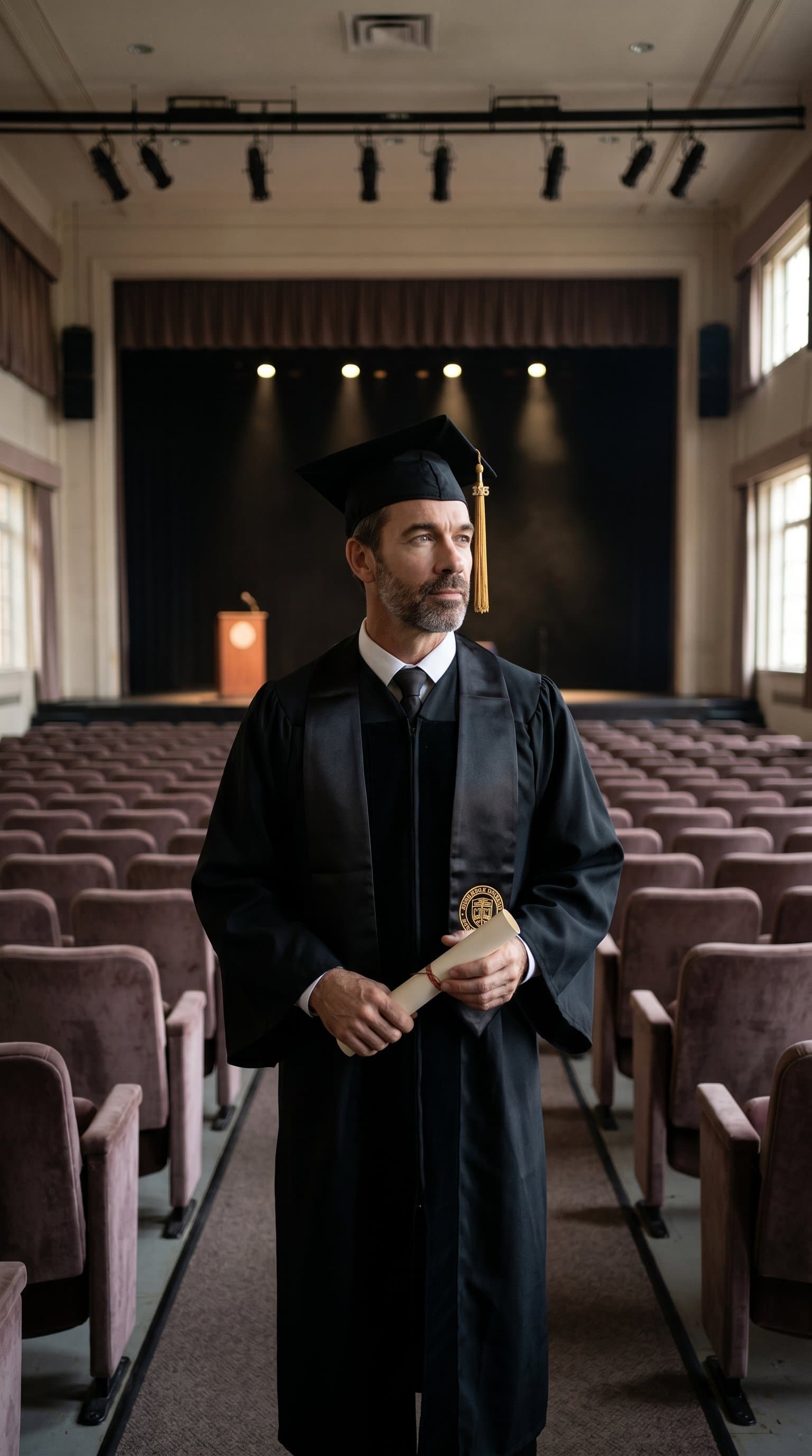 A man wearing graduation cap and gown, standing in an empty auditorium, looking thoughtful