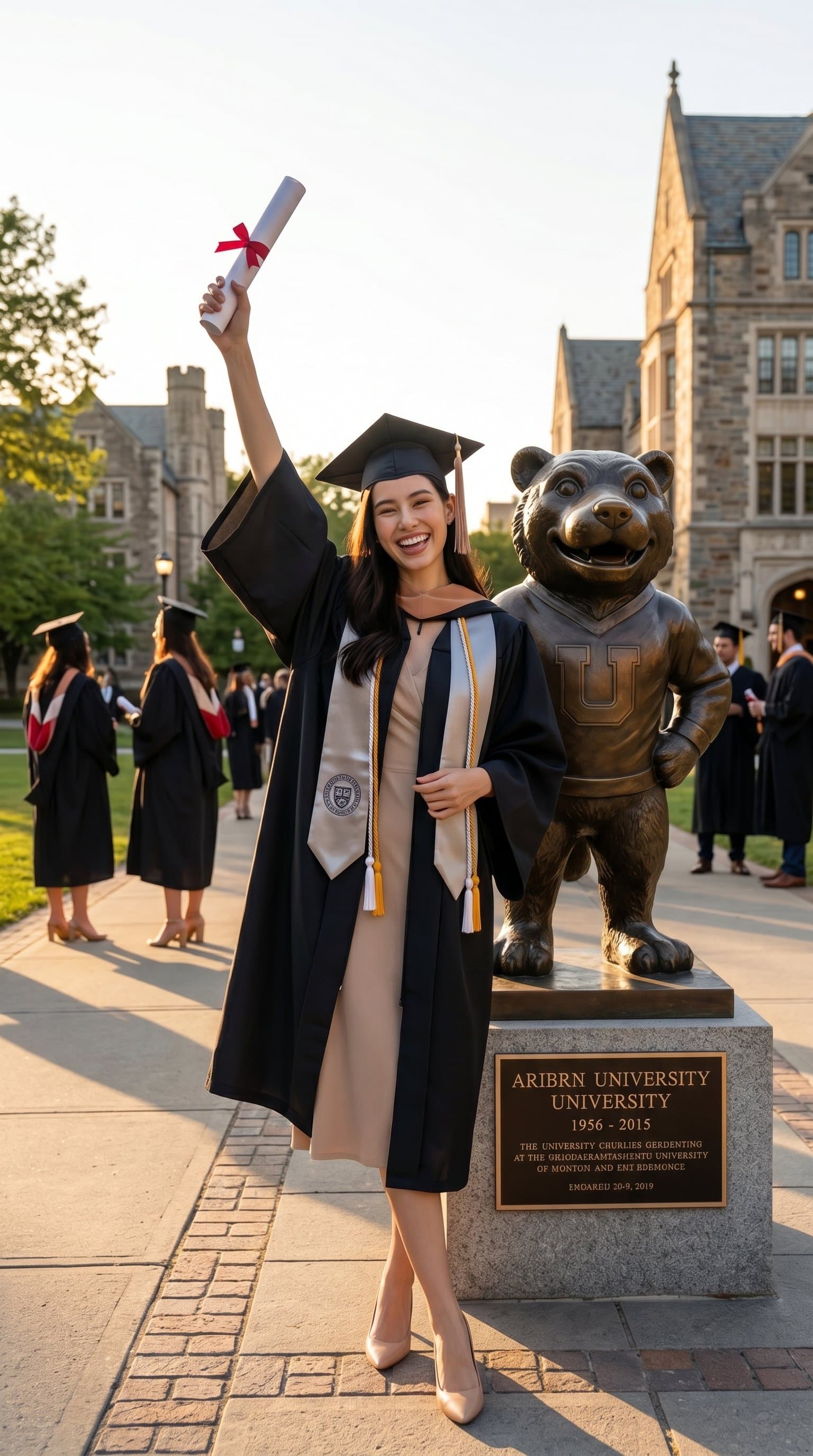 A graduate standing next to a sculpture or landmark of their university, holding their diploma high