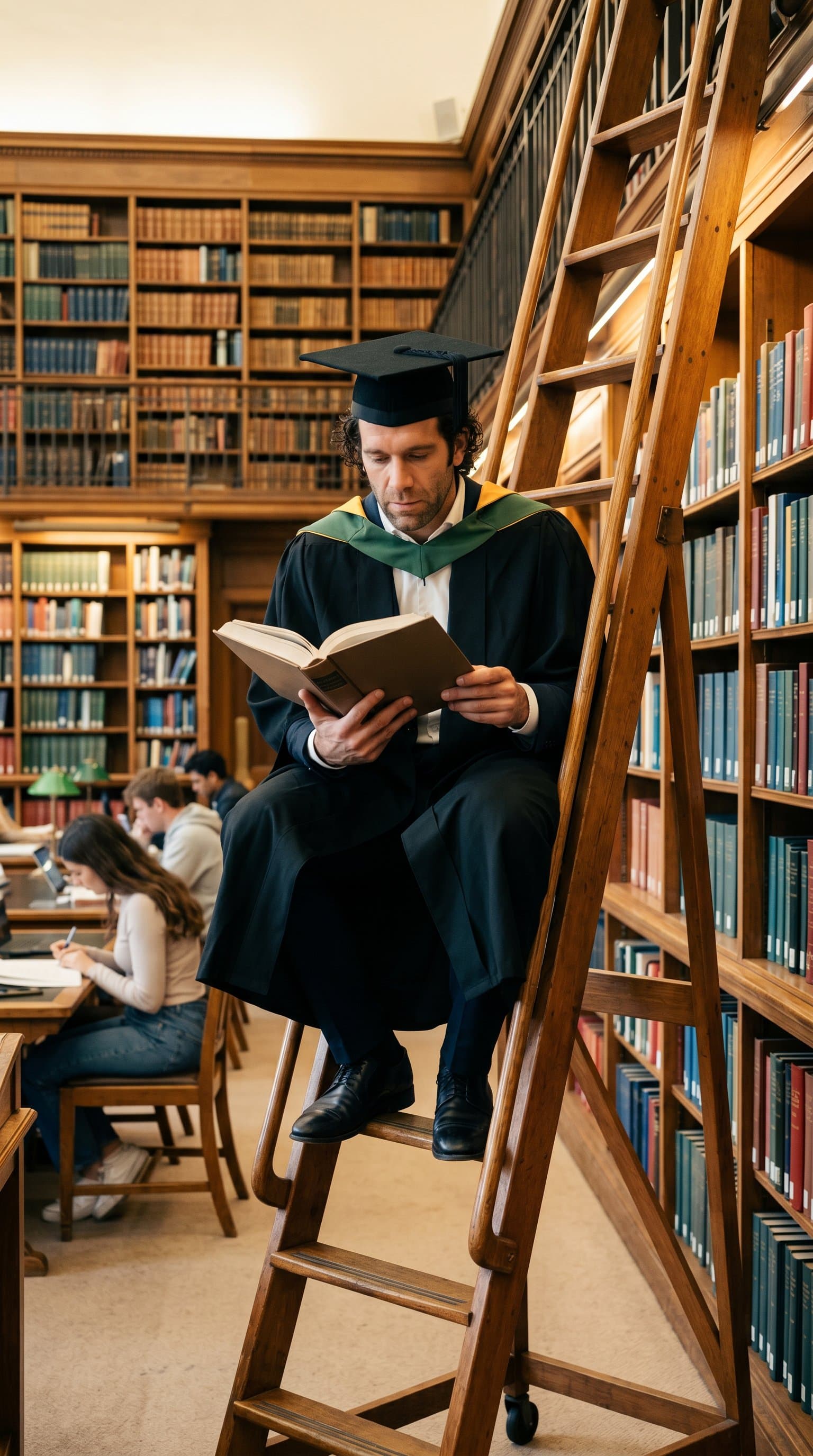 A man in a cap and gown, sitting on a library ladder, engrossed in a book