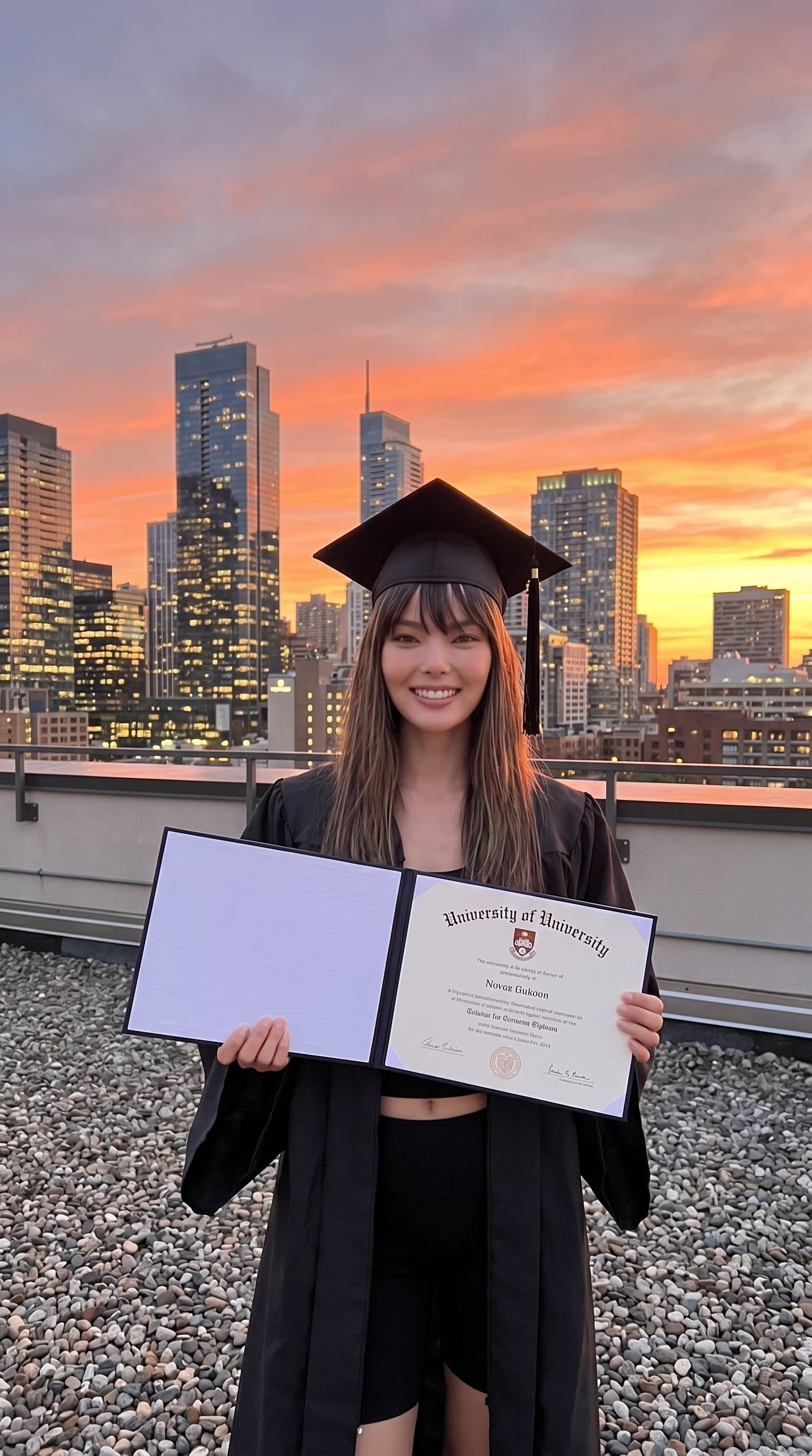A graduate on a city rooftop at sunset, proudly displaying their diploma