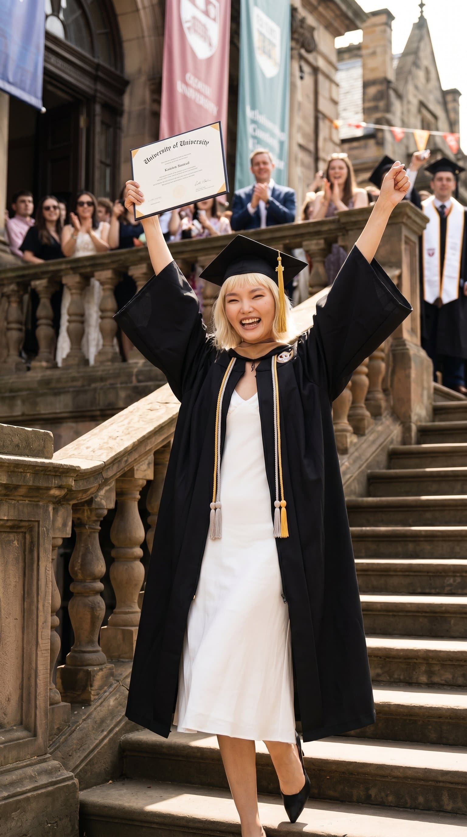 A woman in their graduation attire, striking a triumphant pose on a staircase
