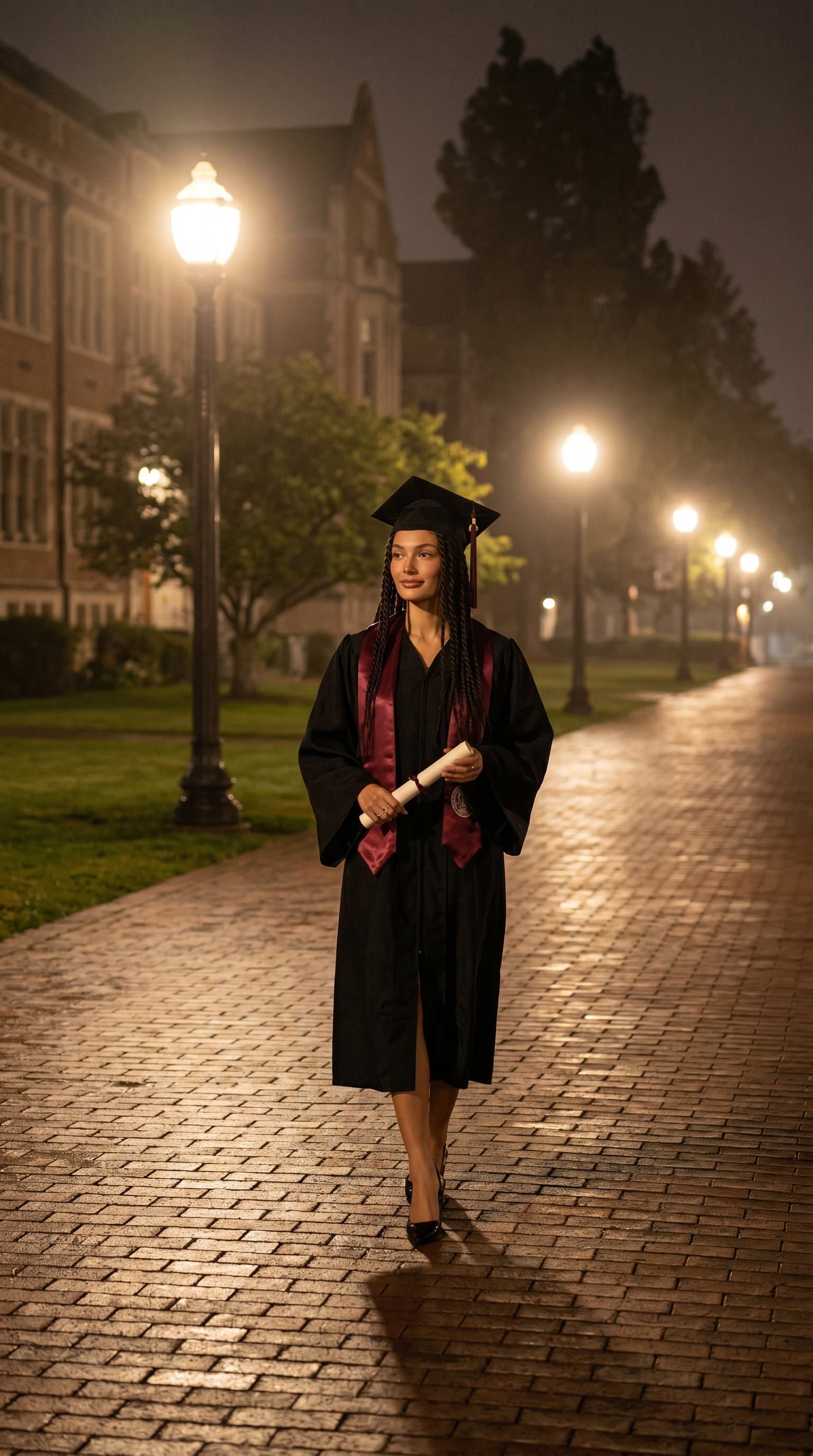 A woman in graduation robes, walking alone on a brick pavement, under the soft glow of street lights