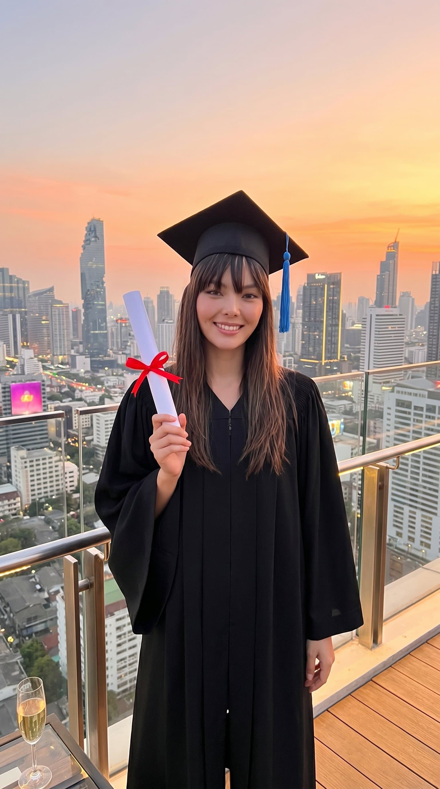 A graduate on a city rooftop at sunset, proudly displaying their diploma