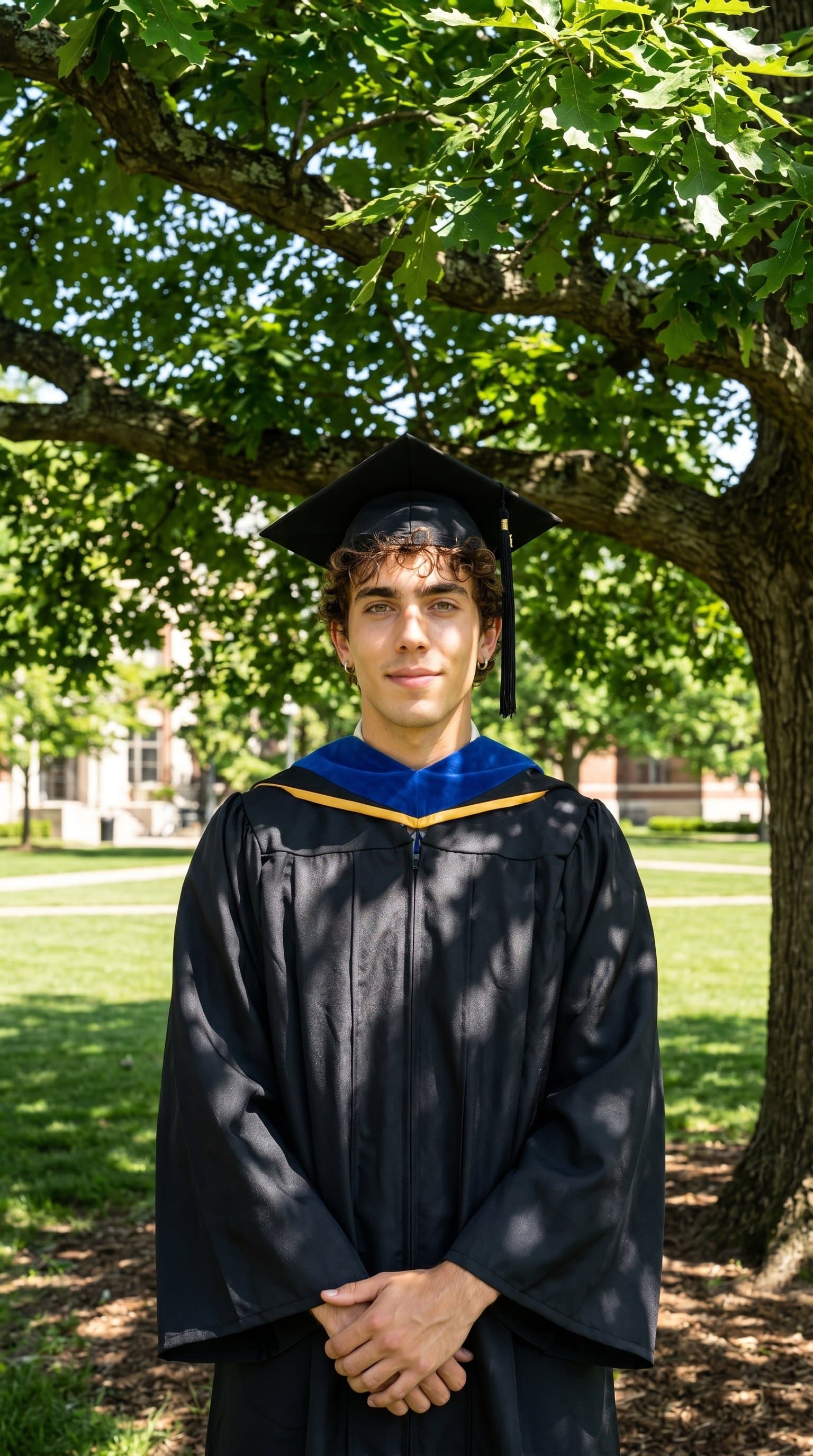A man wearing a graduation robe, standing under a tree with sunlight filtering through