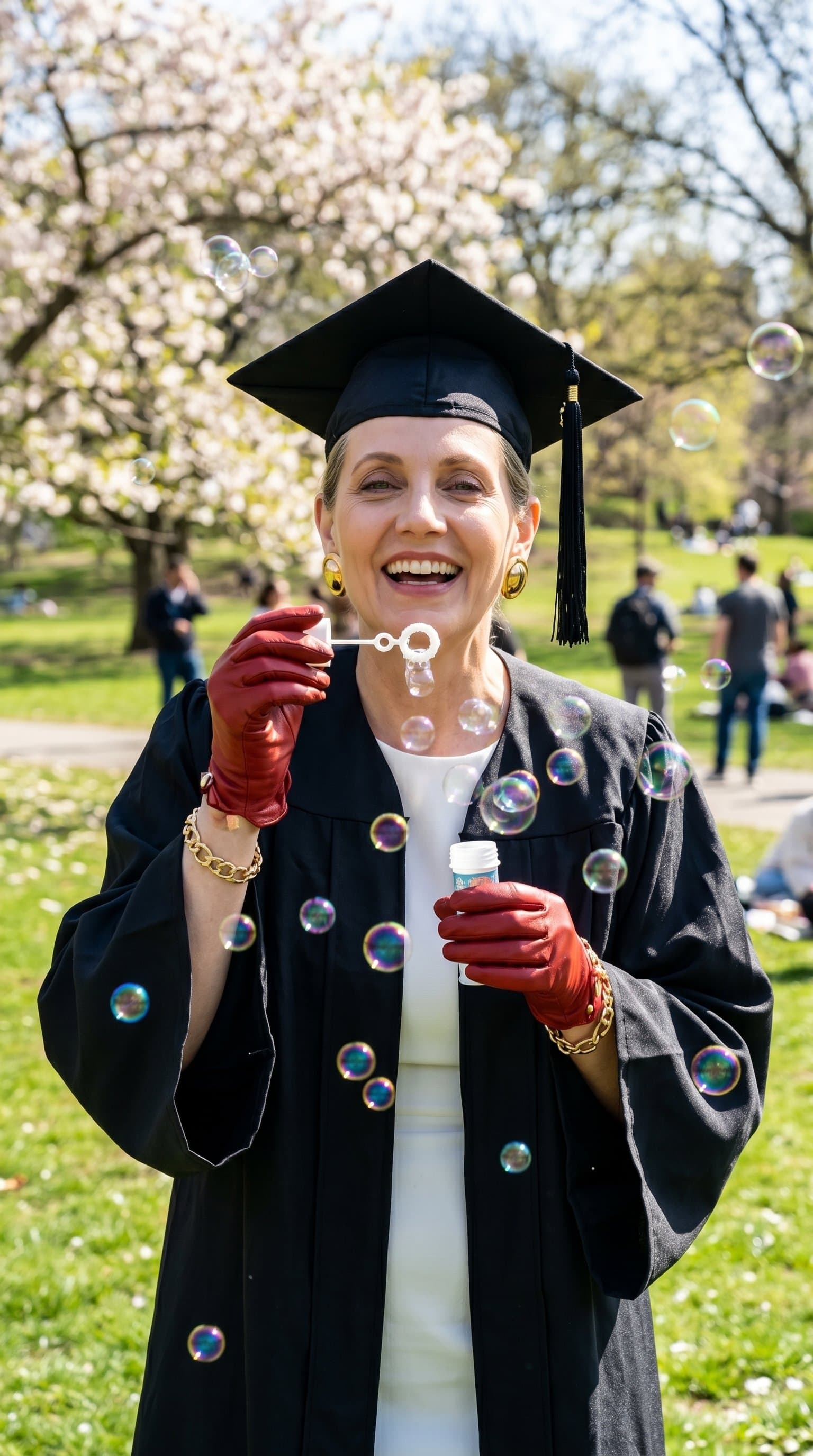 A woman wearing graduation robes, blowing bubbles in a park under bright daylight