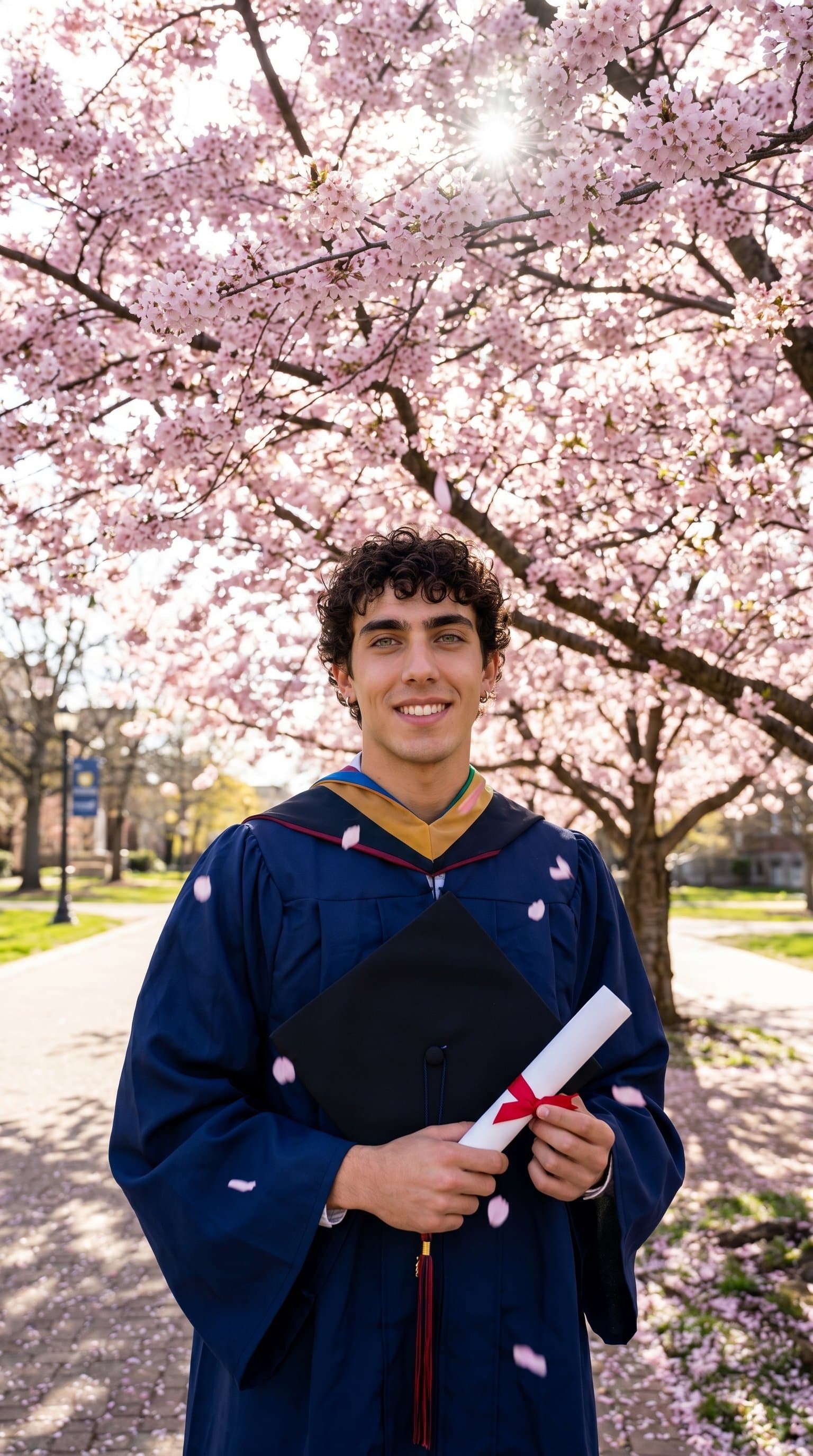 A graduate standing under a blooming cherry blossom tree, holding their cap and diploma
