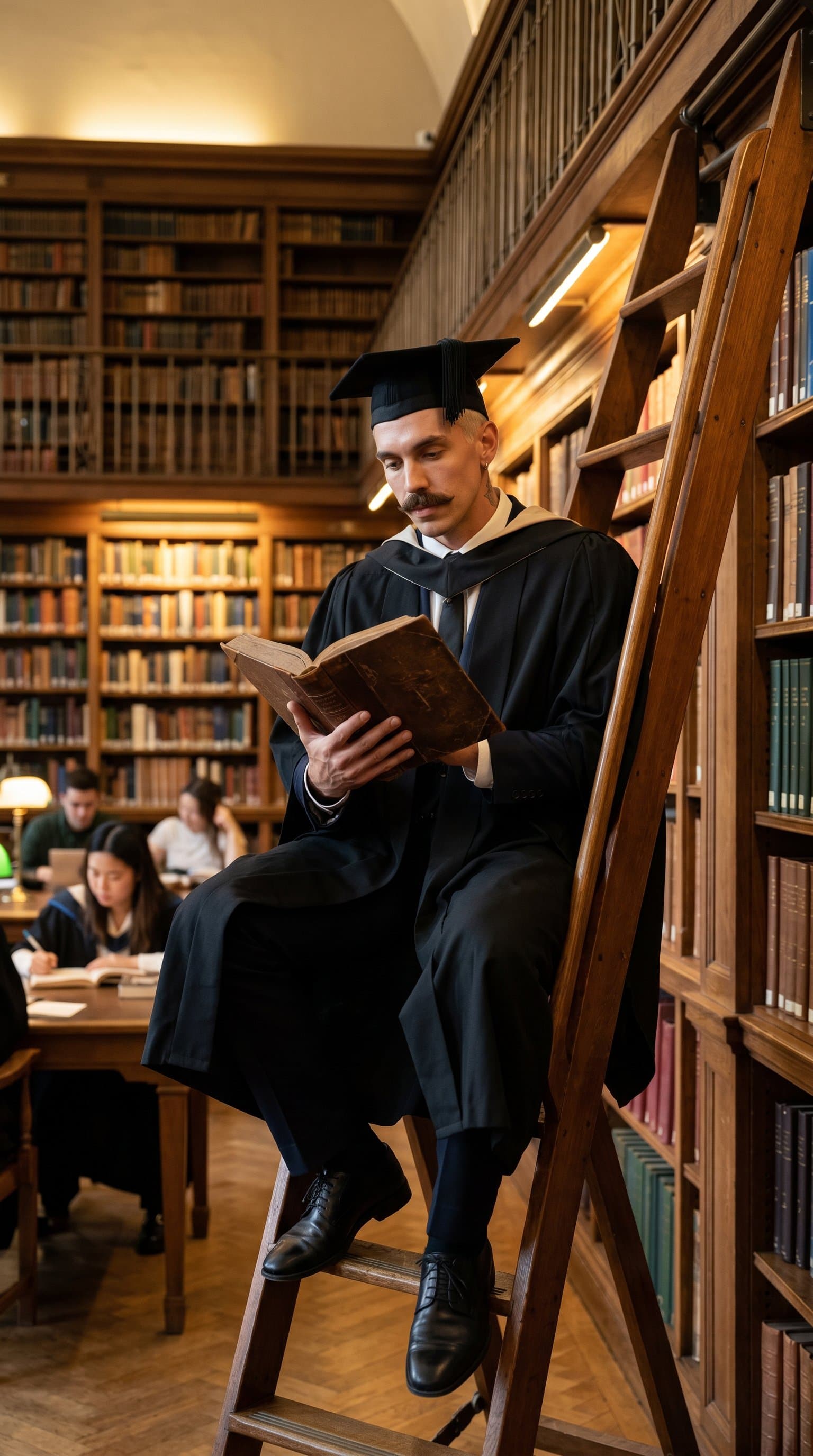 A man in a cap and gown, sitting on a library ladder, engrossed in a book