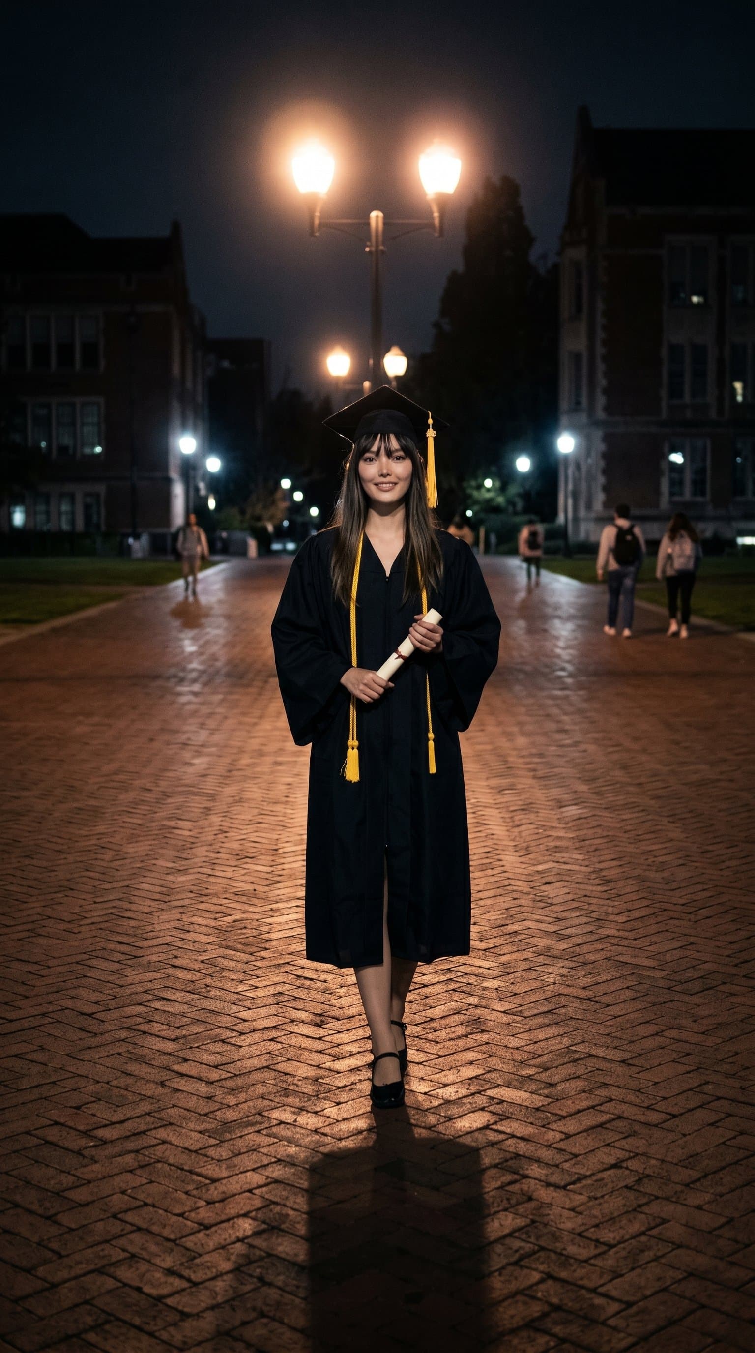 A woman in graduation robes, walking alone on a brick pavement, under the soft glow of street lights