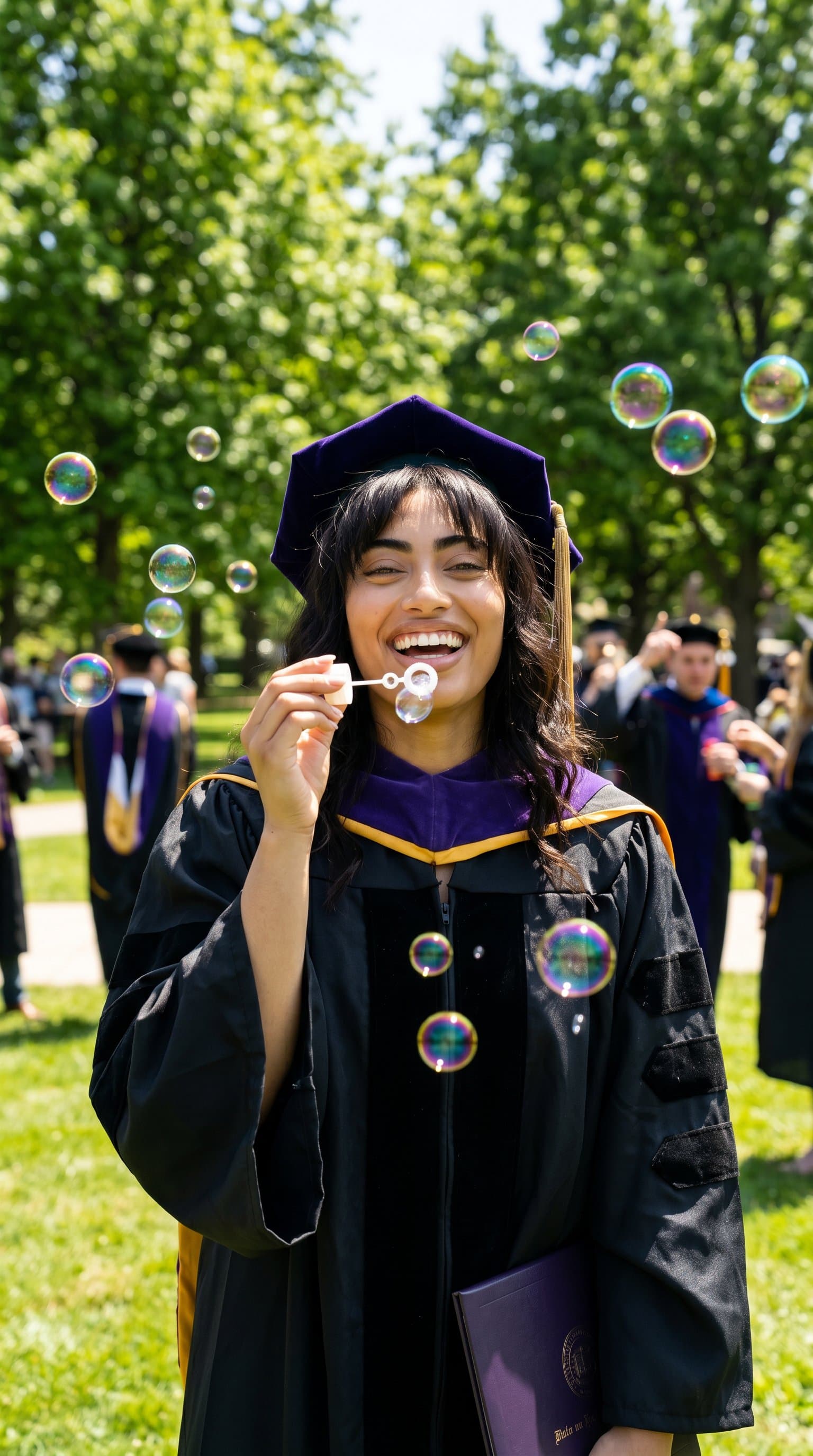 A woman wearing graduation robes, blowing bubbles in a park under bright daylight