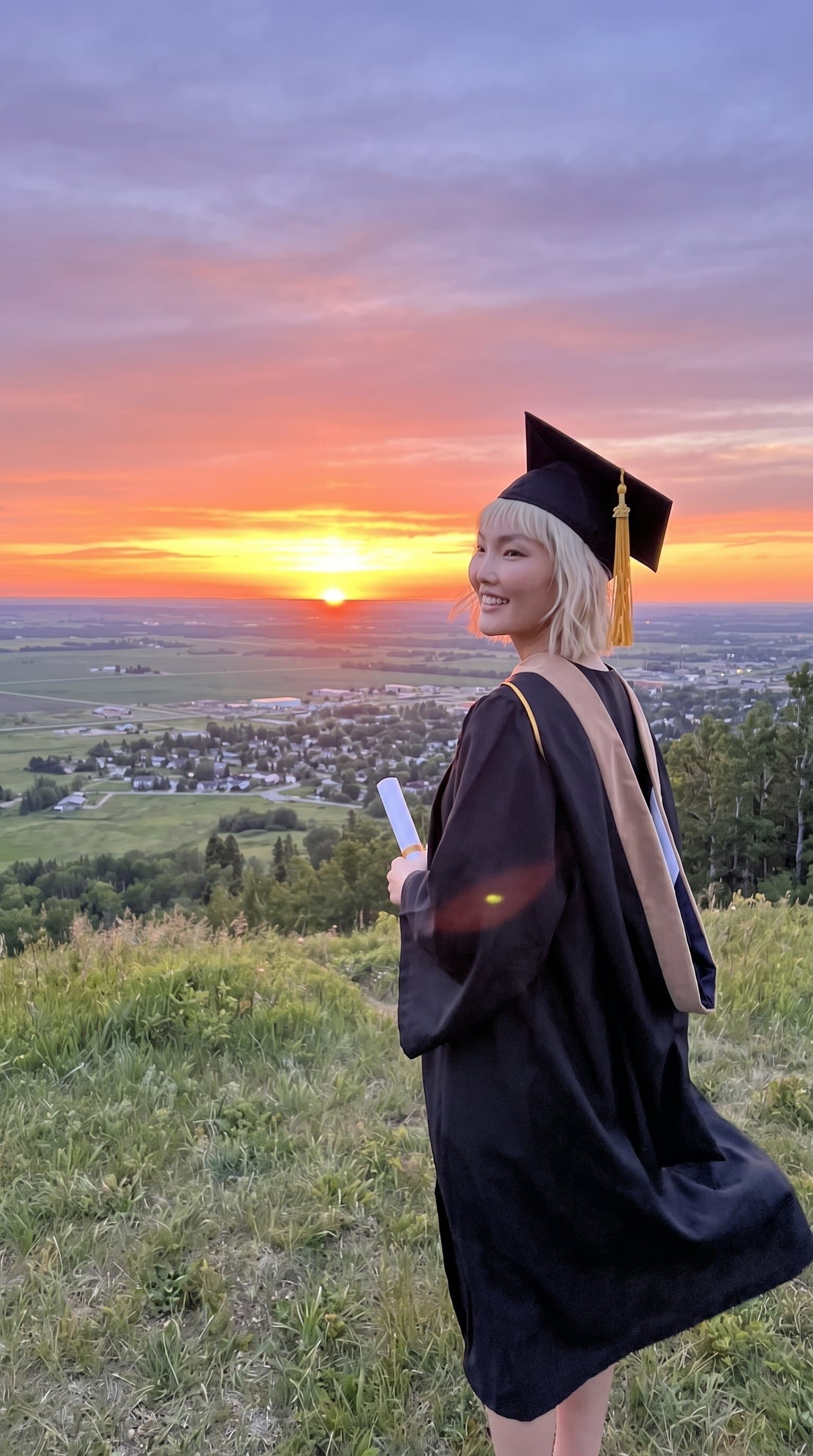 A graduate in robes standing at the top of a hill, looking out onto a sunrise