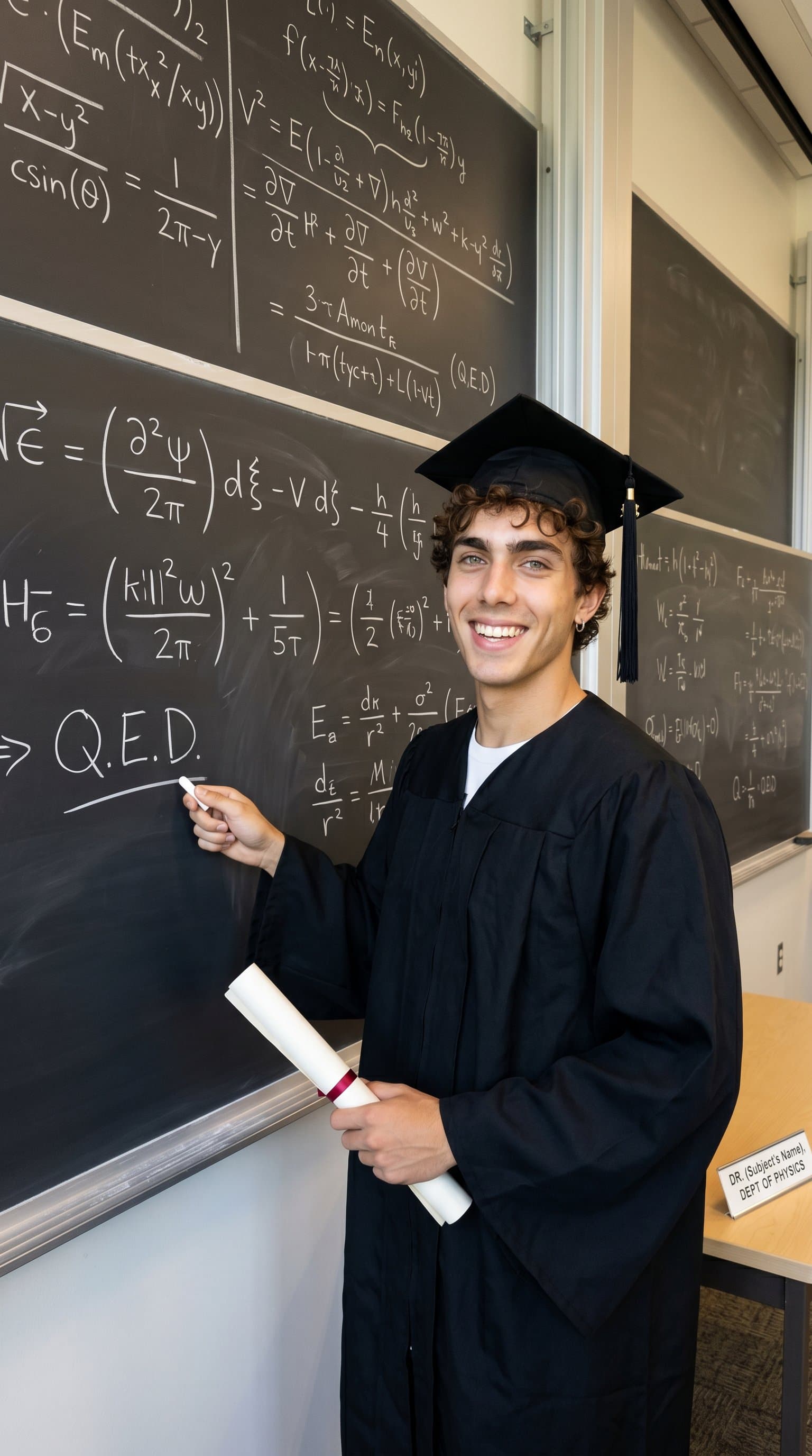A graduate standing in front of a chalkboard filled with equations, looking accomplished