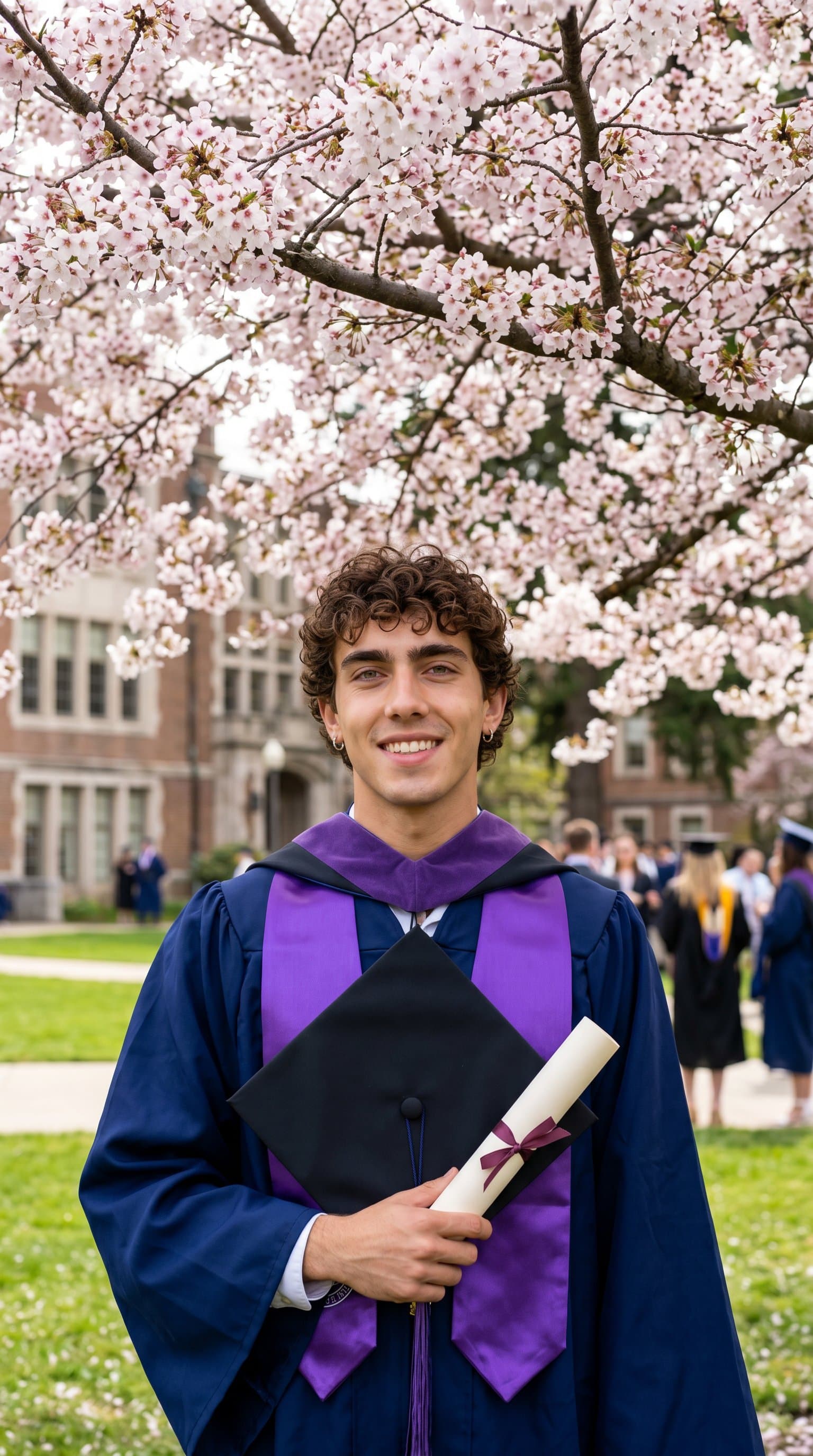 A graduate standing under a blooming cherry blossom tree, holding their cap and diploma
