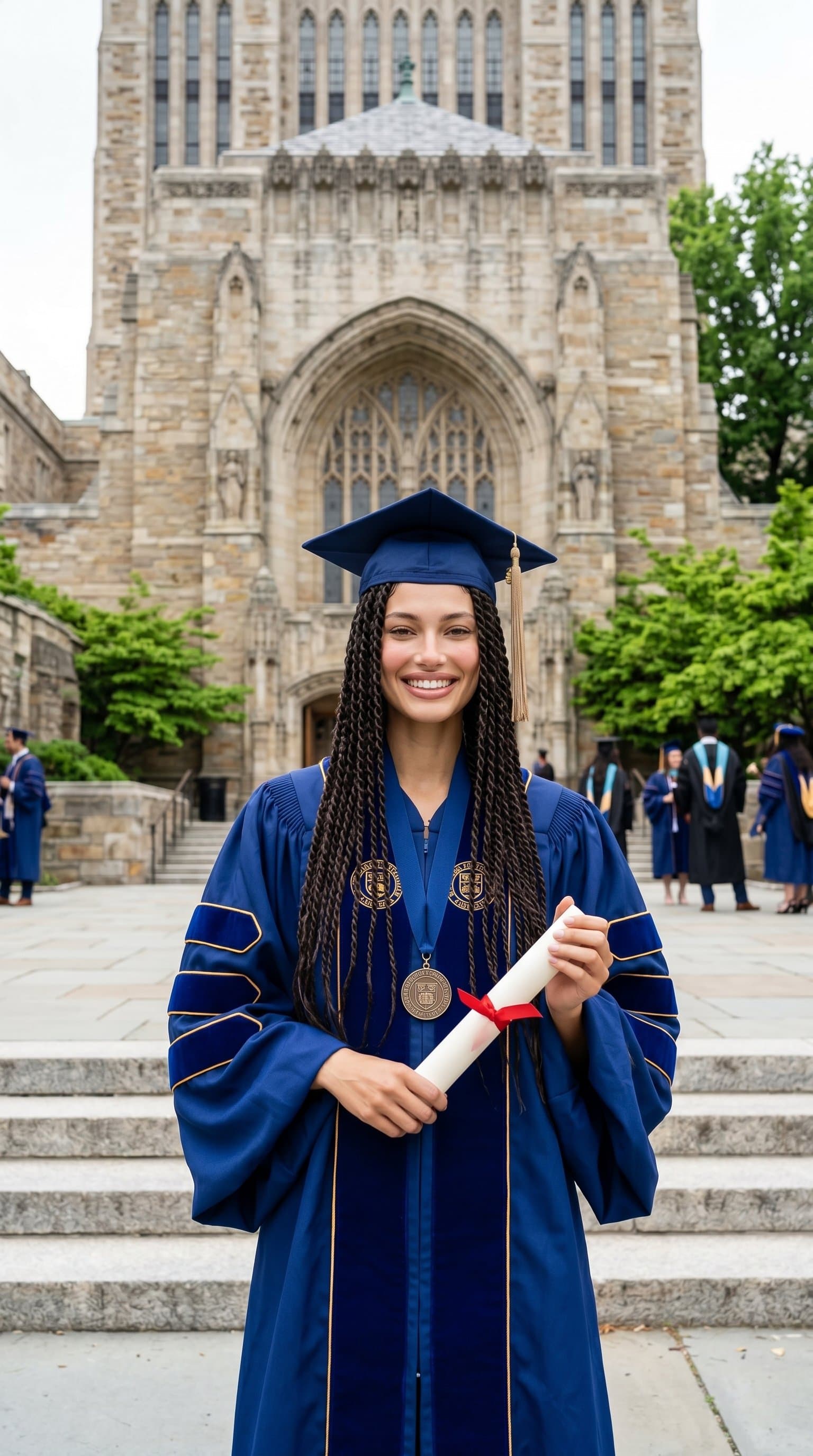 A woman in graduation robes standing in front of a university building, holding a diploma