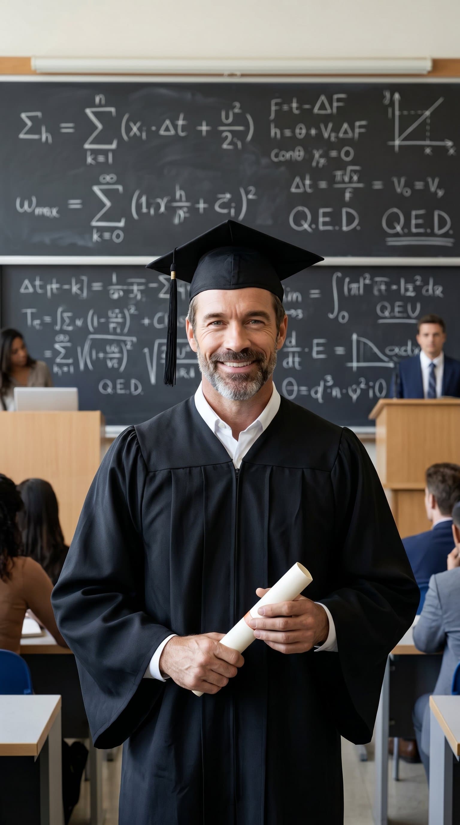 A graduate standing in front of a chalkboard filled with equations, looking accomplished