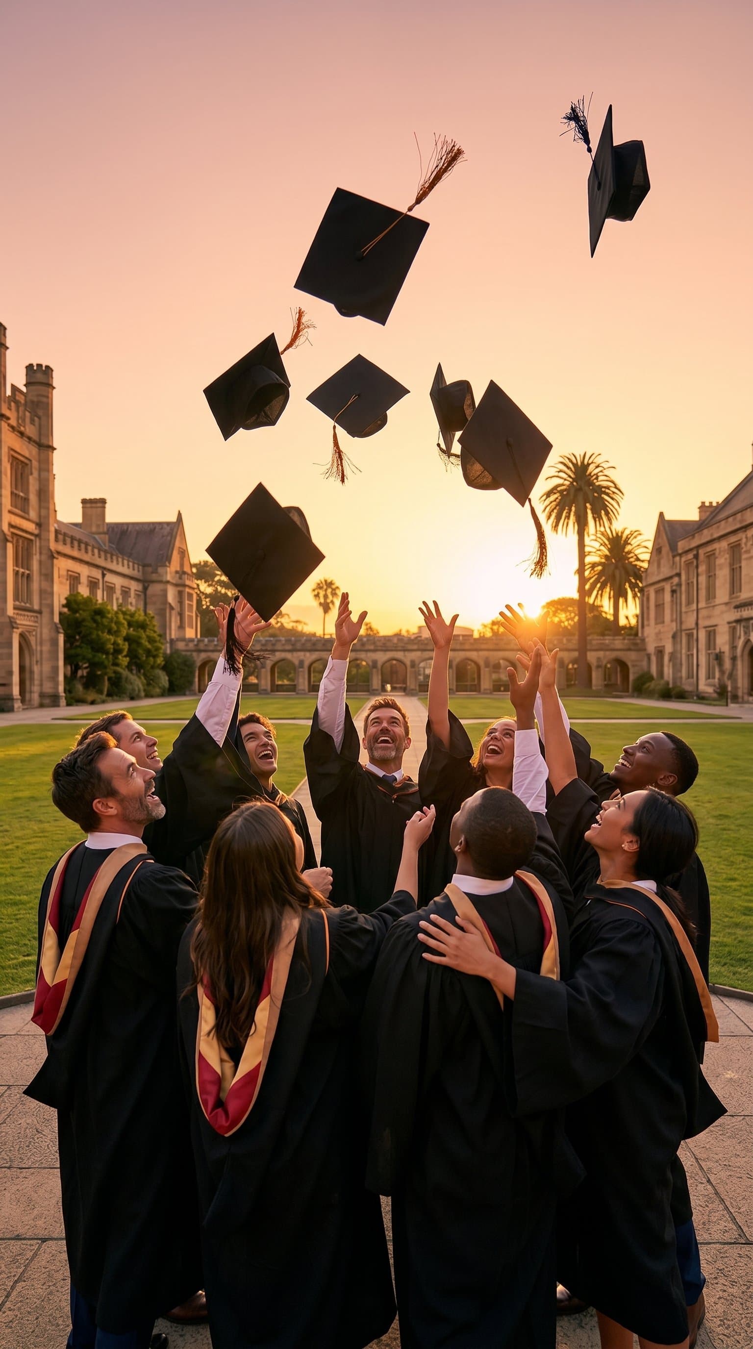 A group of graduates huddled together, throwing their caps in the air at sunset
