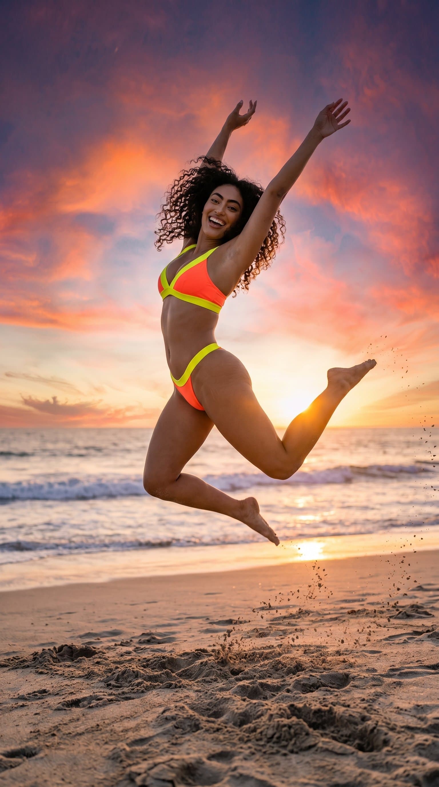 A woman in a neon bikini, jumping high on a sandy beach, with the sun setting in the background