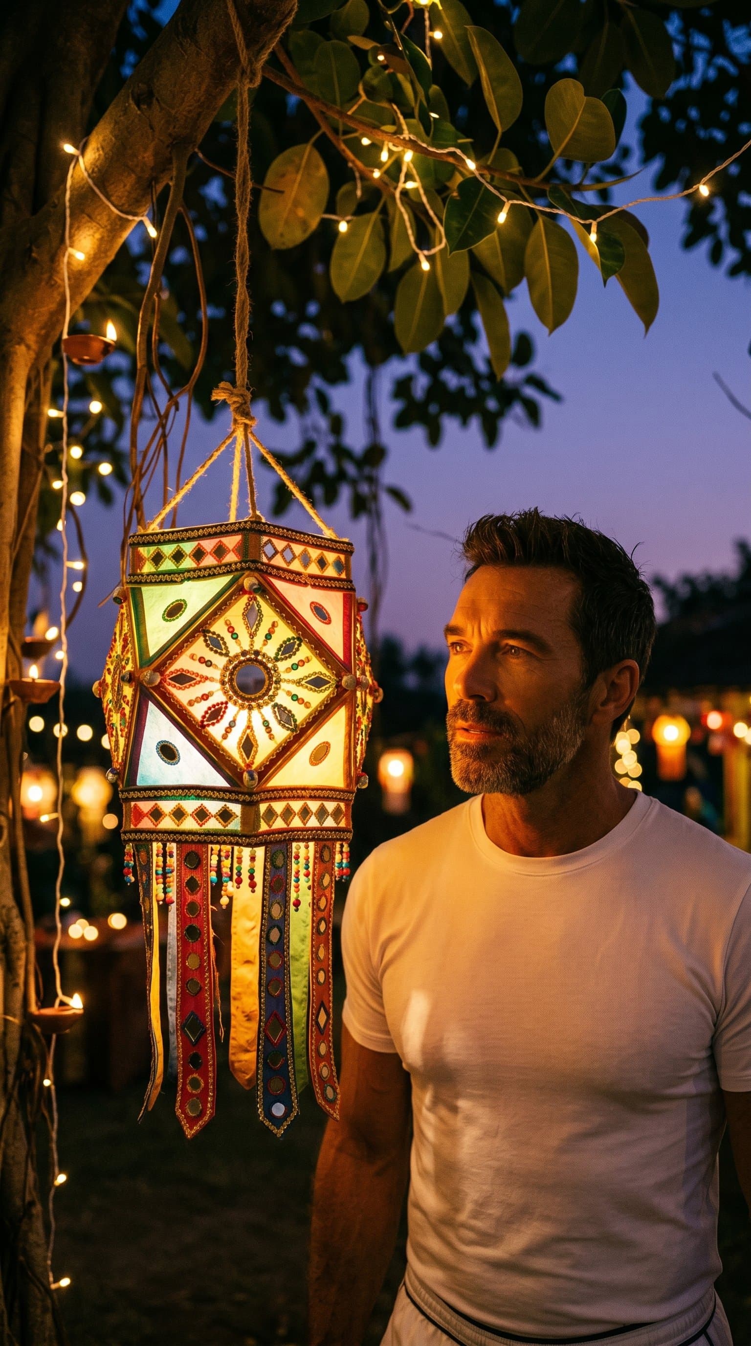 A man gazing at a beautifully decorated Diwali lantern hanging from a tree at twilight