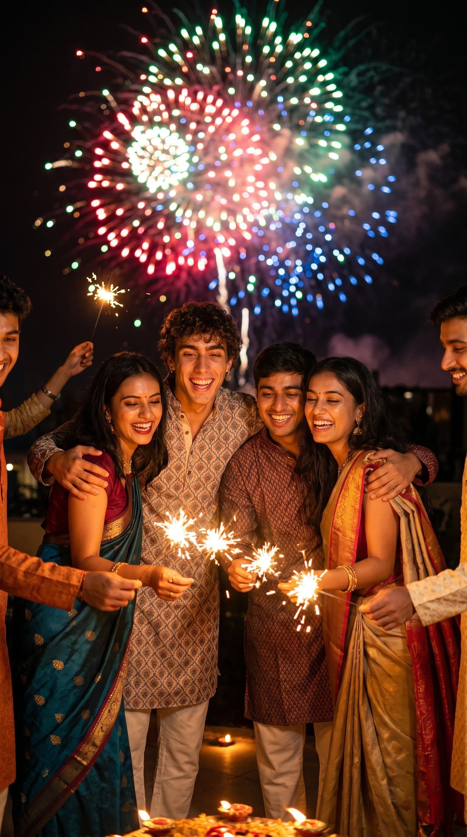 A joyful group of people celebrating Diwali with colorful fireworks in the background