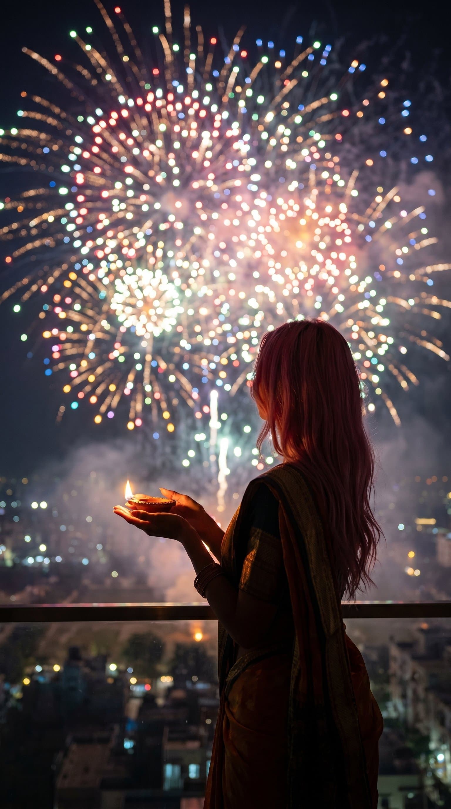 A woman's silhouette against a backdrop of fireworks, holding a diya in their hands