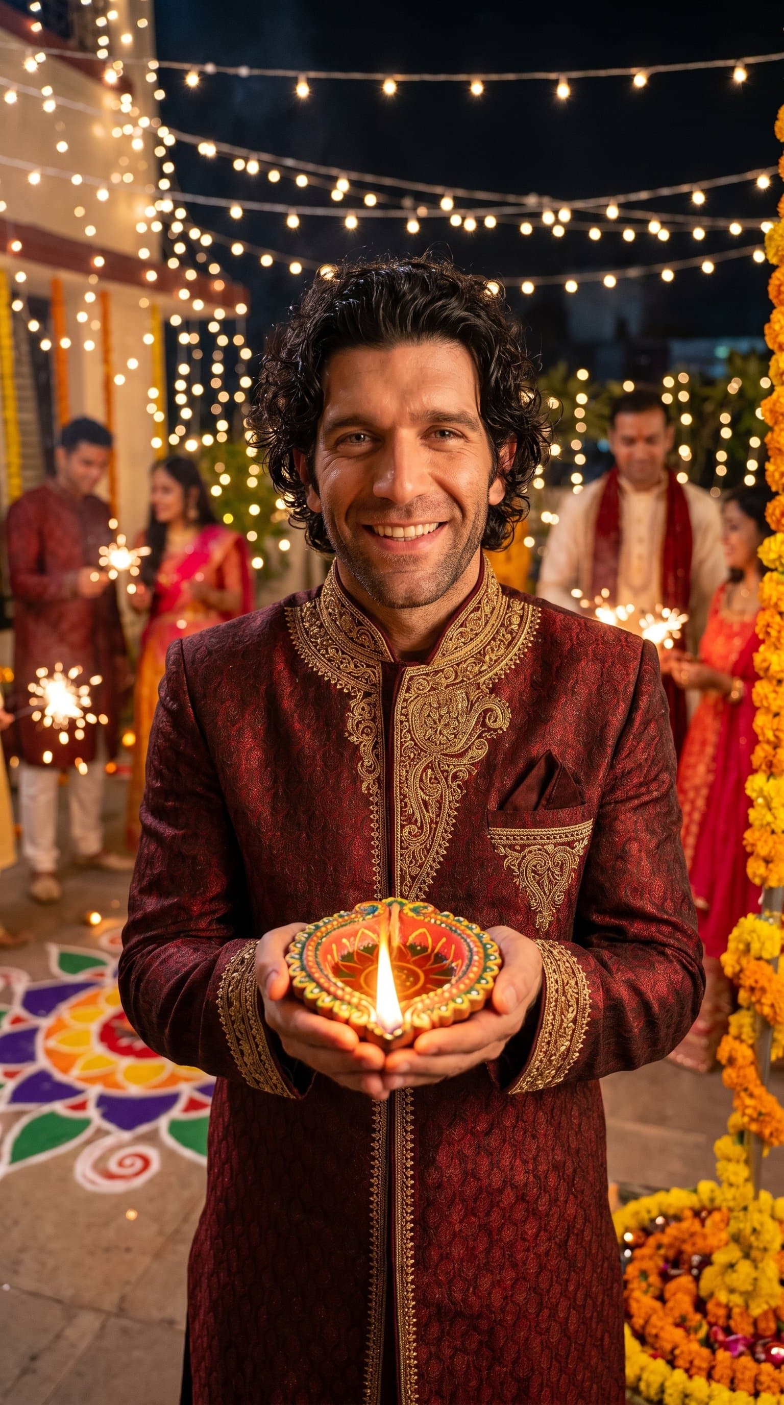 An man in Indian attire smiling and holding a lit diya in a festive setting
