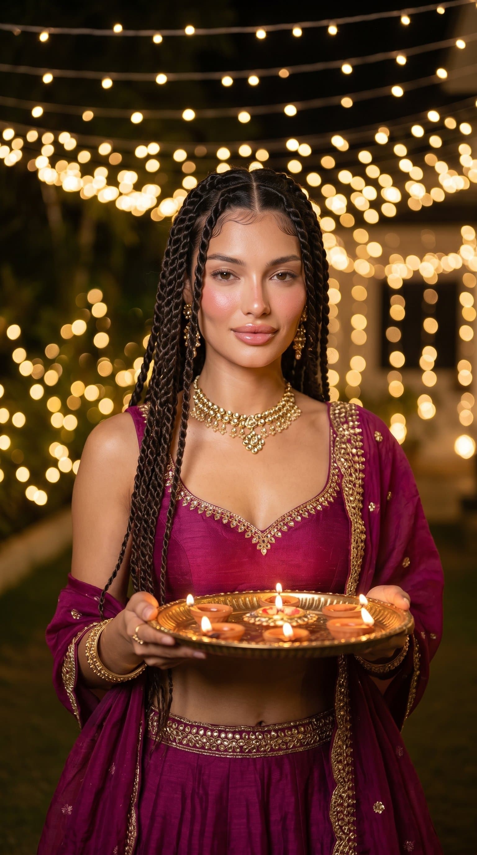 A woman in an ornate lehenga, holding a thali of diyas, against a backdrop of string lights