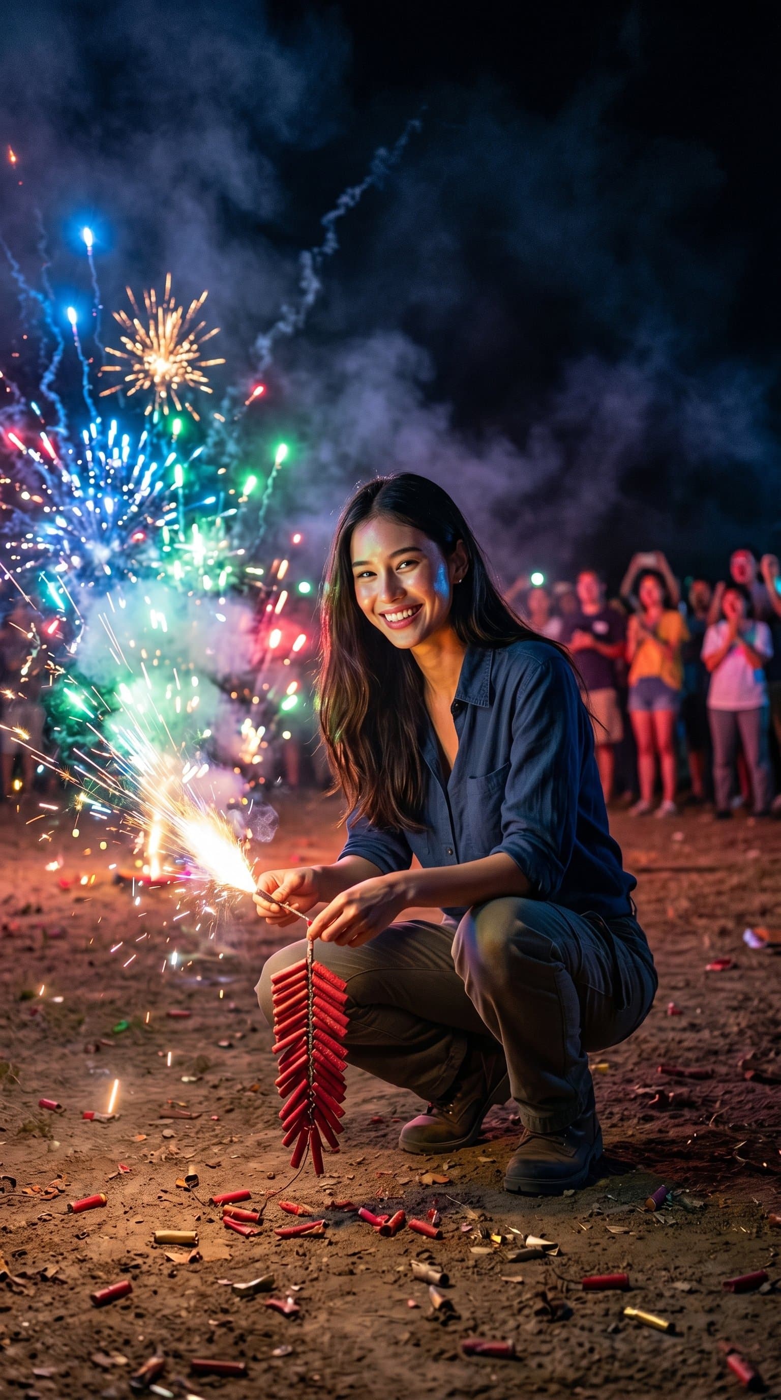 A woman lighting firecrackers in an open space, illuminated by the bursts of colors