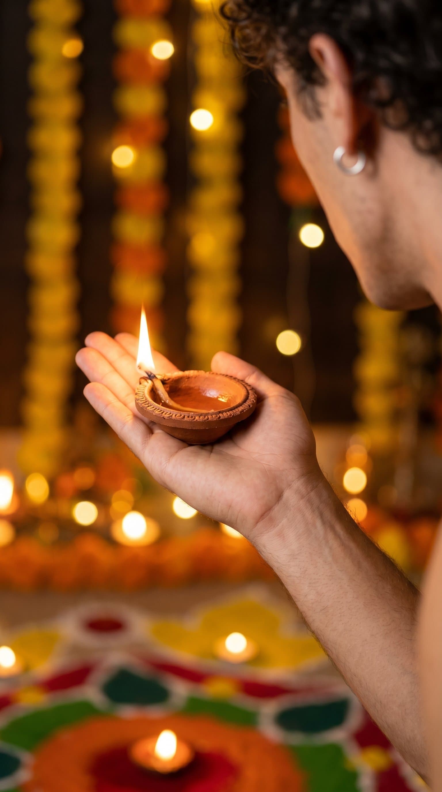 Close up of a man's hand holding a flickering diya, with blurred festive decorations in the background