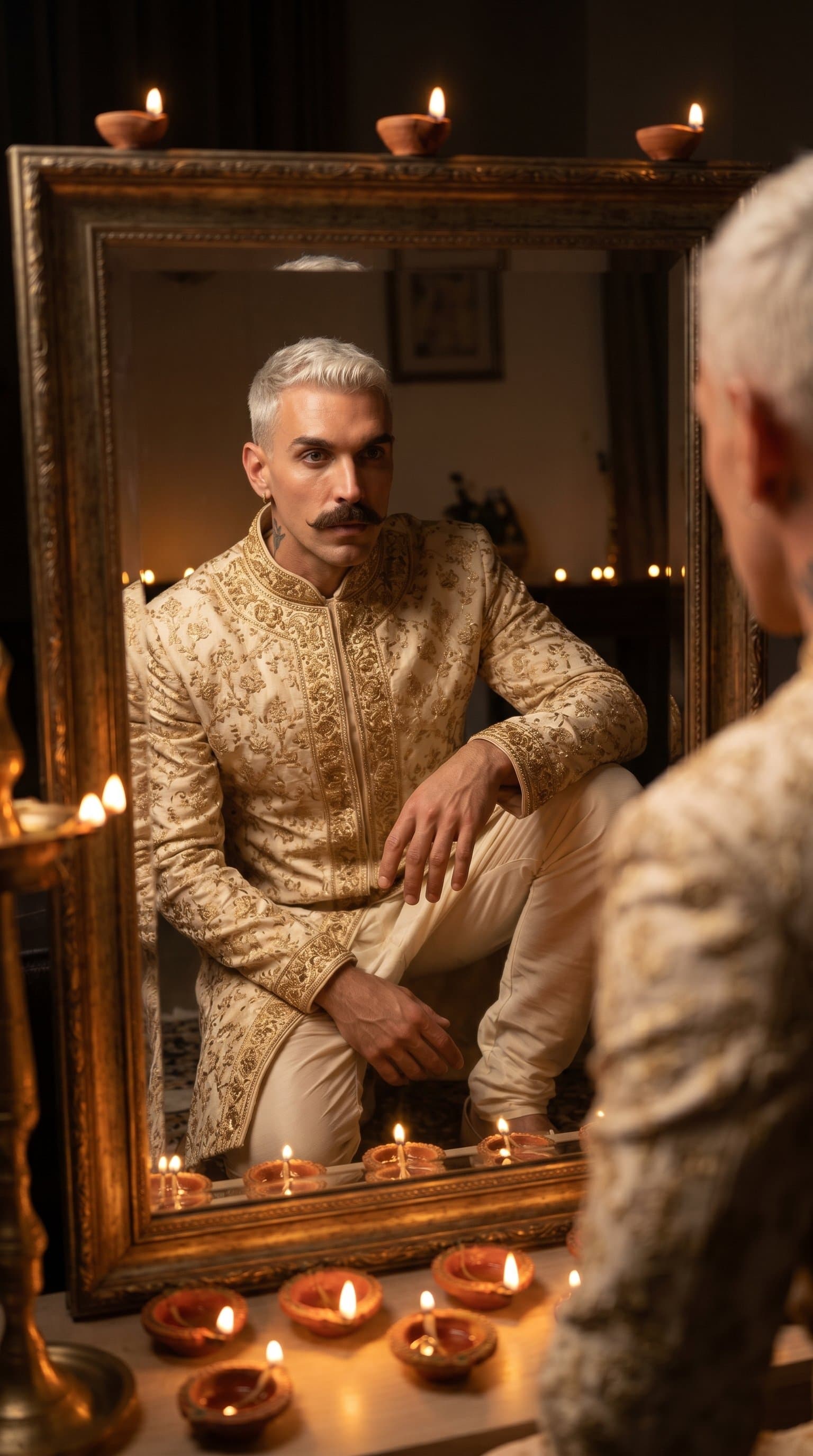 man's reflection in a mirror, clad in a gold-embroidered outfit, with diyas lighting the room