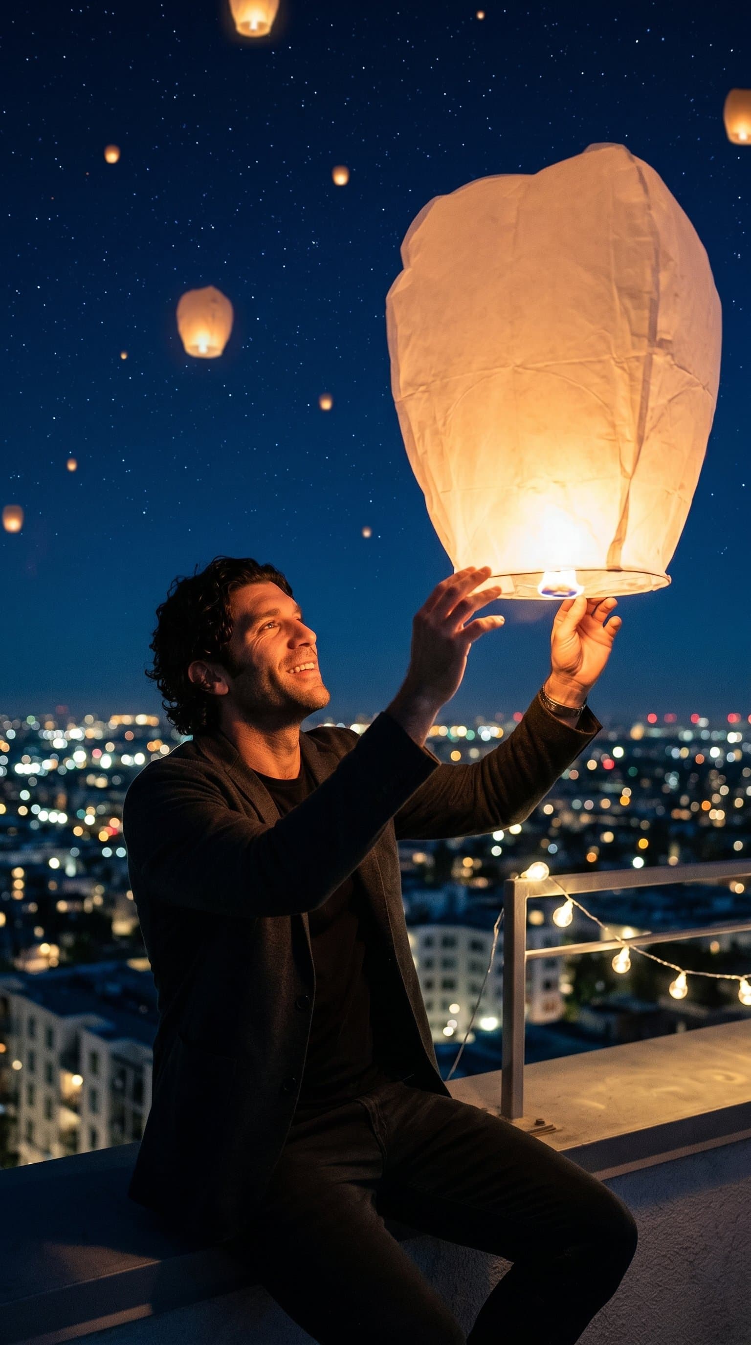 A man sitting on a rooftop, releasing a glowing sky lantern into the night sky
