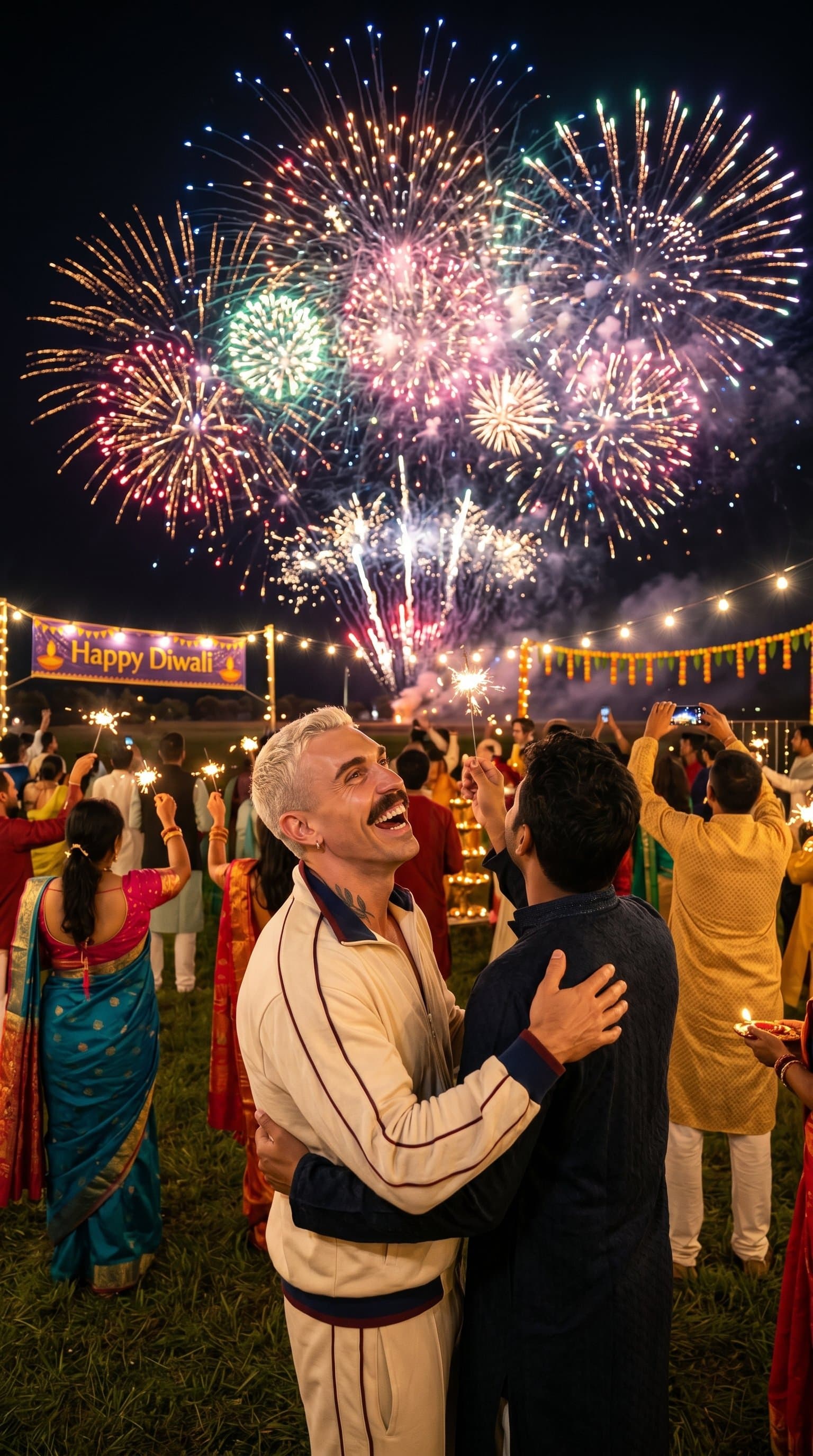 A joyous crowd of people watching a firework display in an open field during Diwali