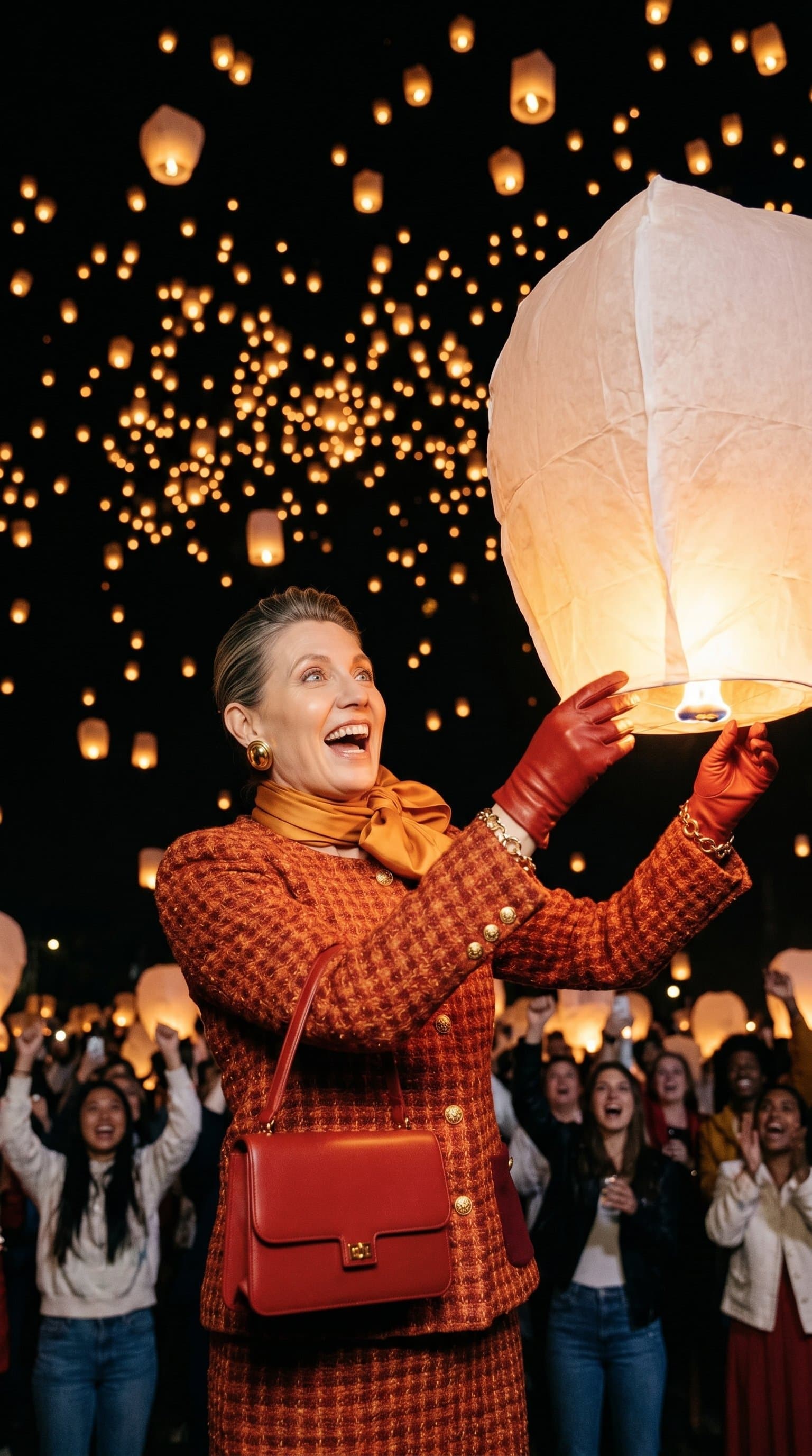A woman releasing sky lanterns into the night sky, with a joyous, celebratory expression