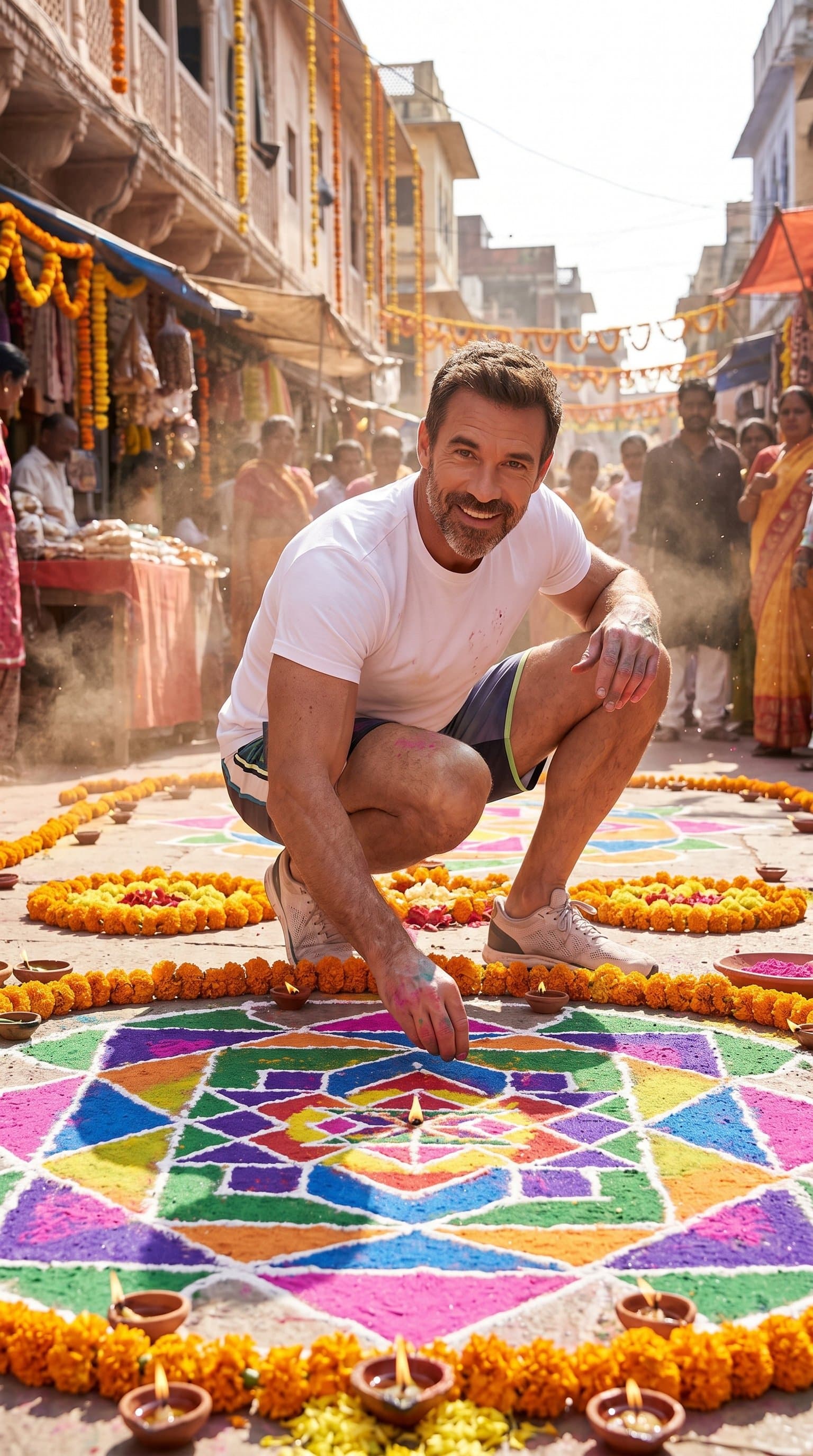 A man making a rangoli on a street, with vibrant colors and festive surroundings
