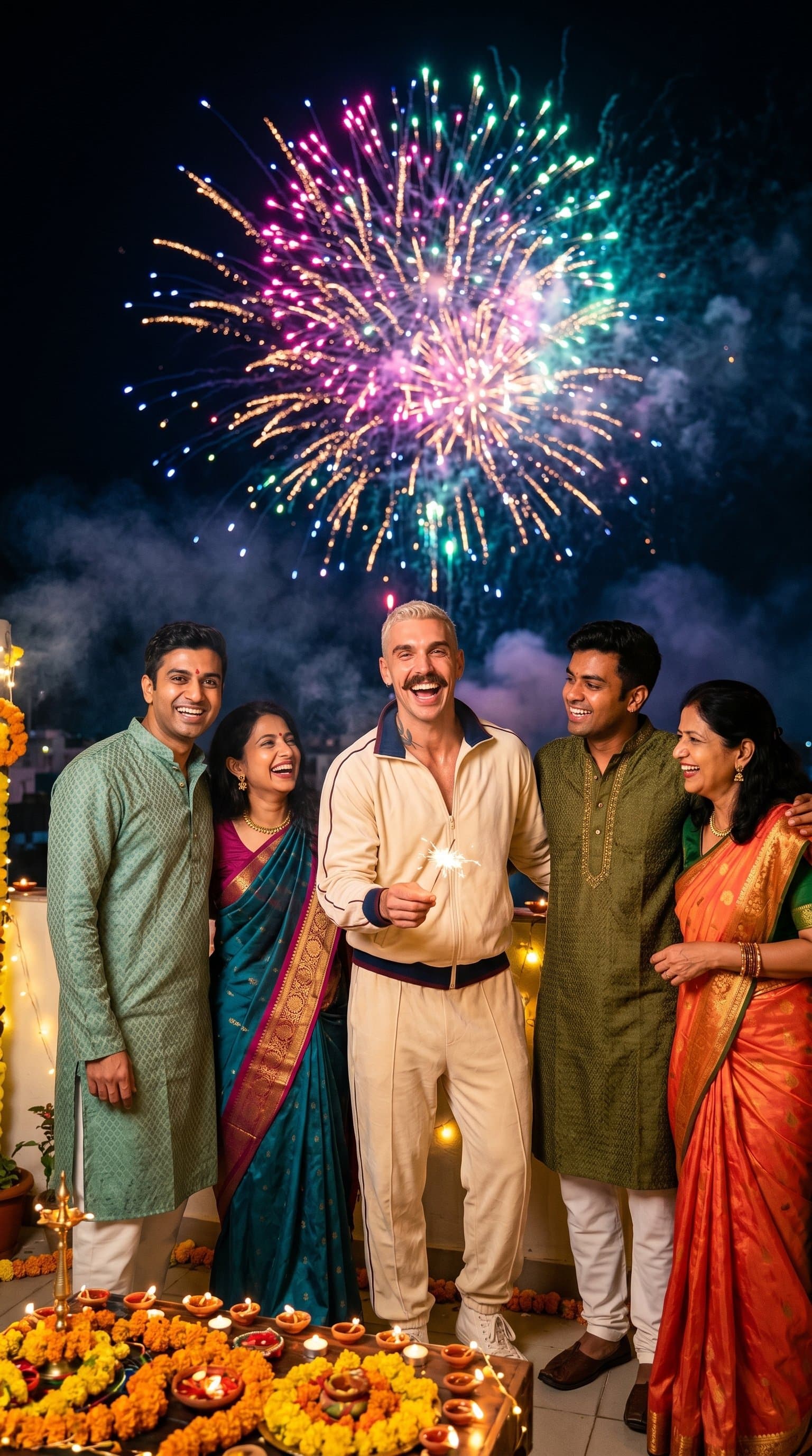 A joyful group of people celebrating Diwali with colorful fireworks in the background