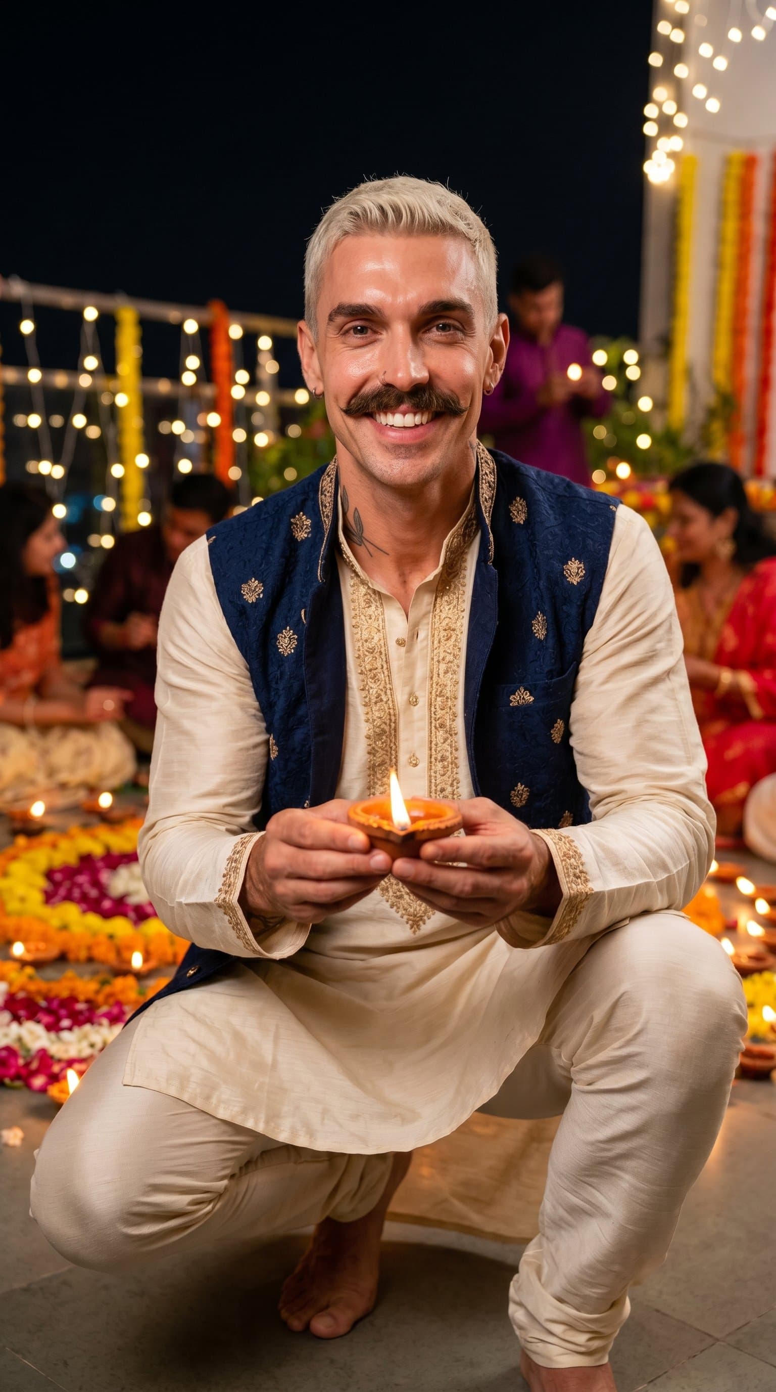 An man in Indian attire smiling and holding a lit diya in a festive setting