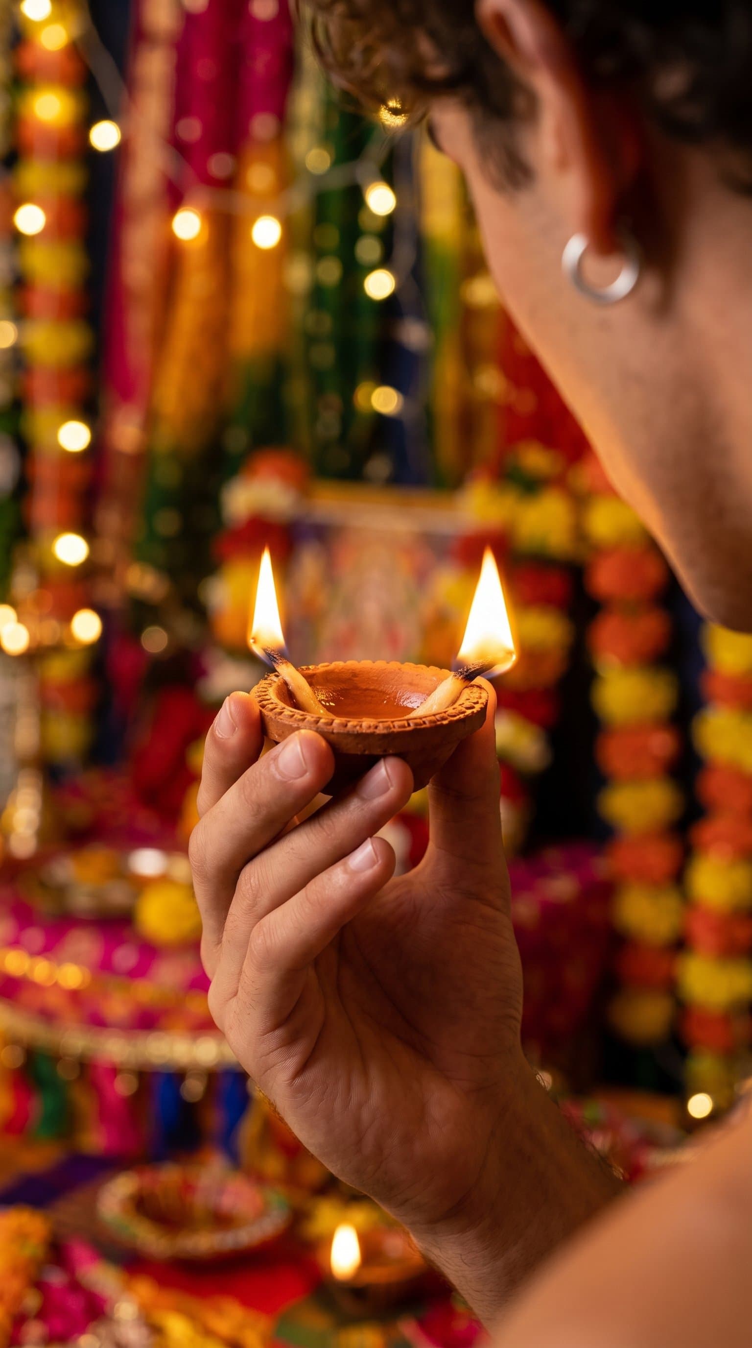 Close up of a man's hand holding a flickering diya, with blurred festive decorations in the background
