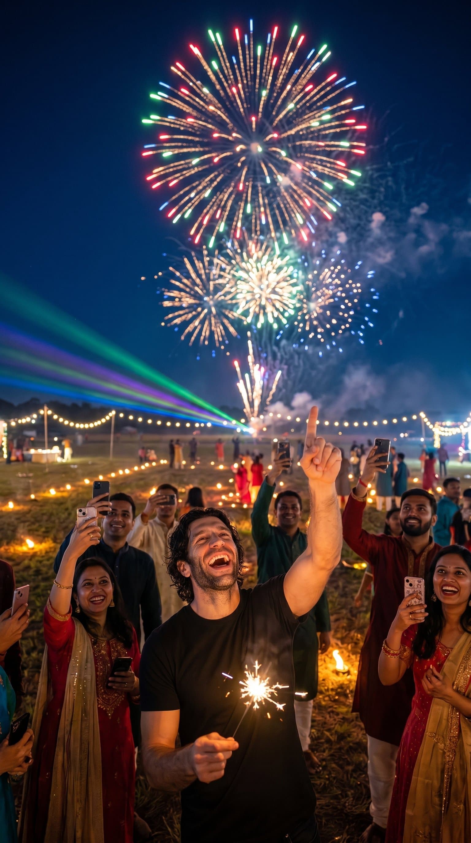 A joyous crowd of people watching a firework display in an open field during Diwali