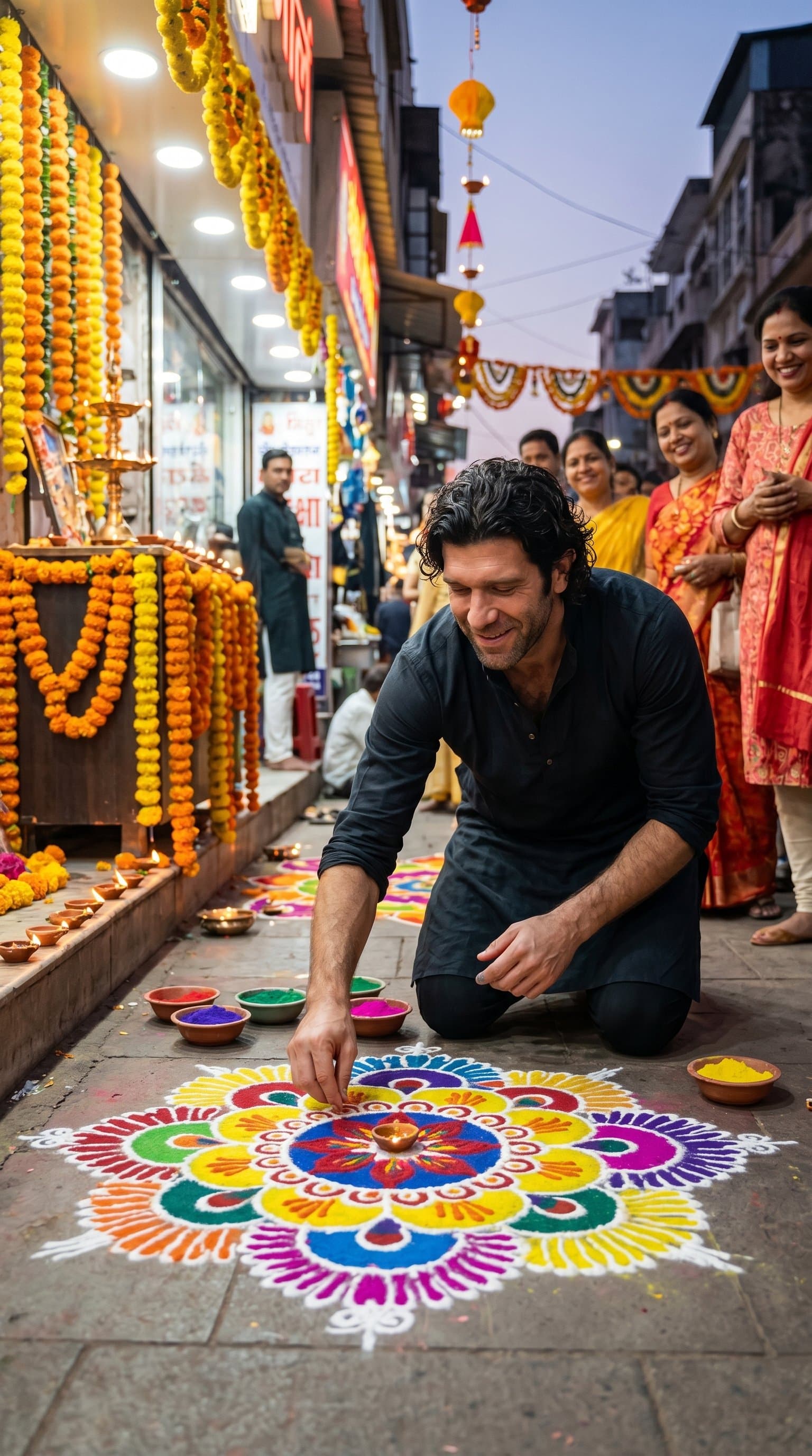 A man making a rangoli on a street, with vibrant colors and festive surroundings