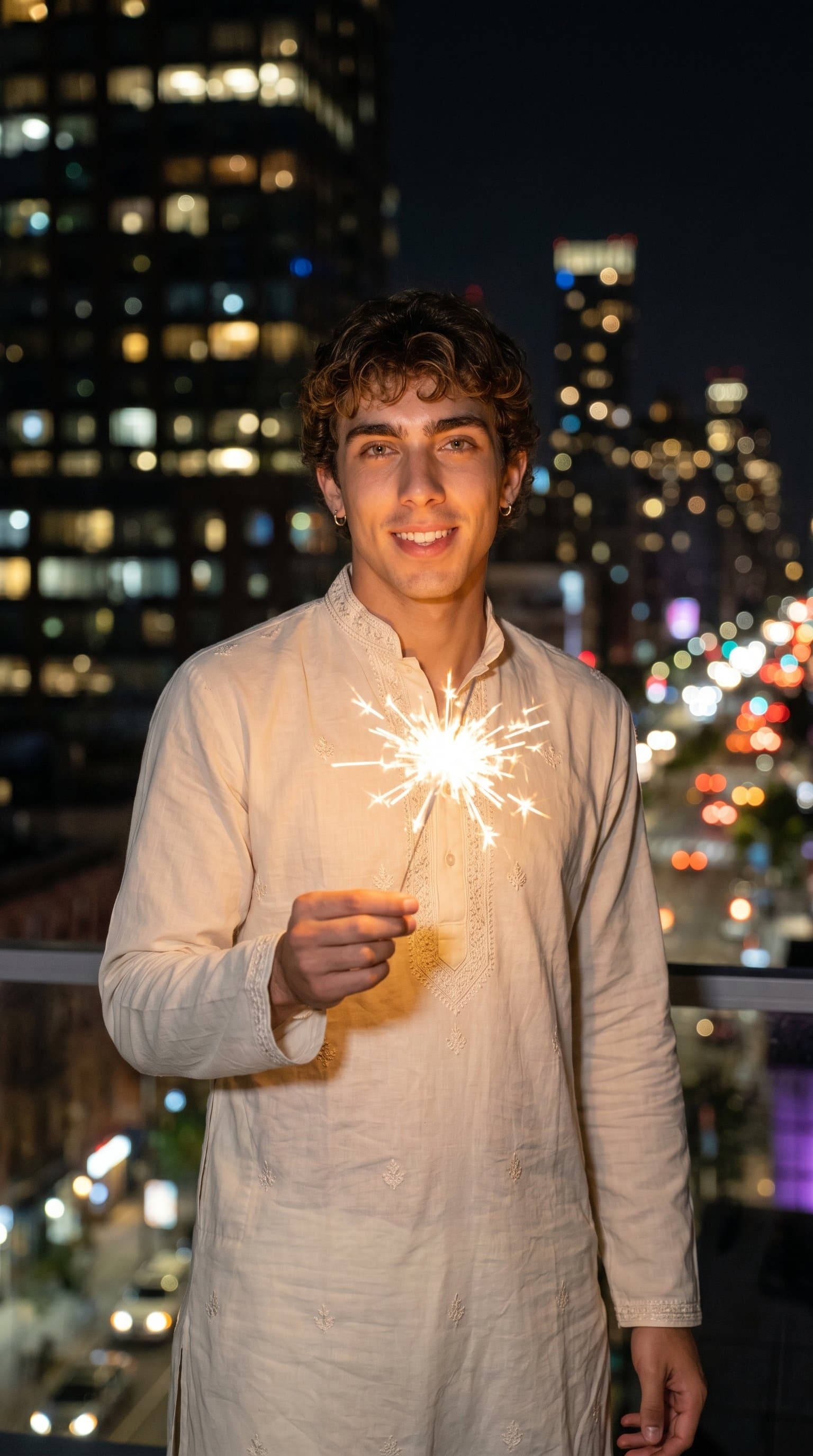 A man wearing a kurta and holding a sparkler, standing against an urban cityscape at night
