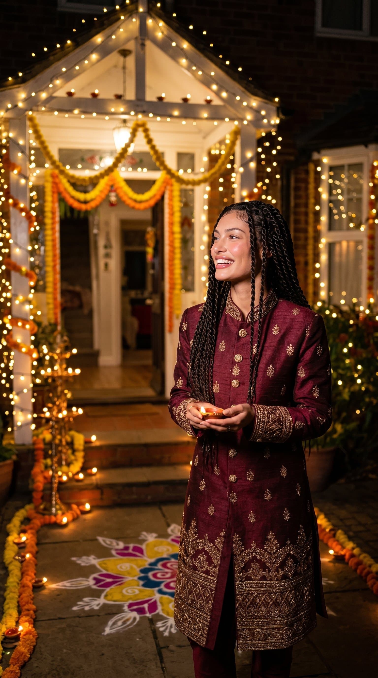 A woman wearing a sherwani gazing at a beautifully decorated house with Diwali lights