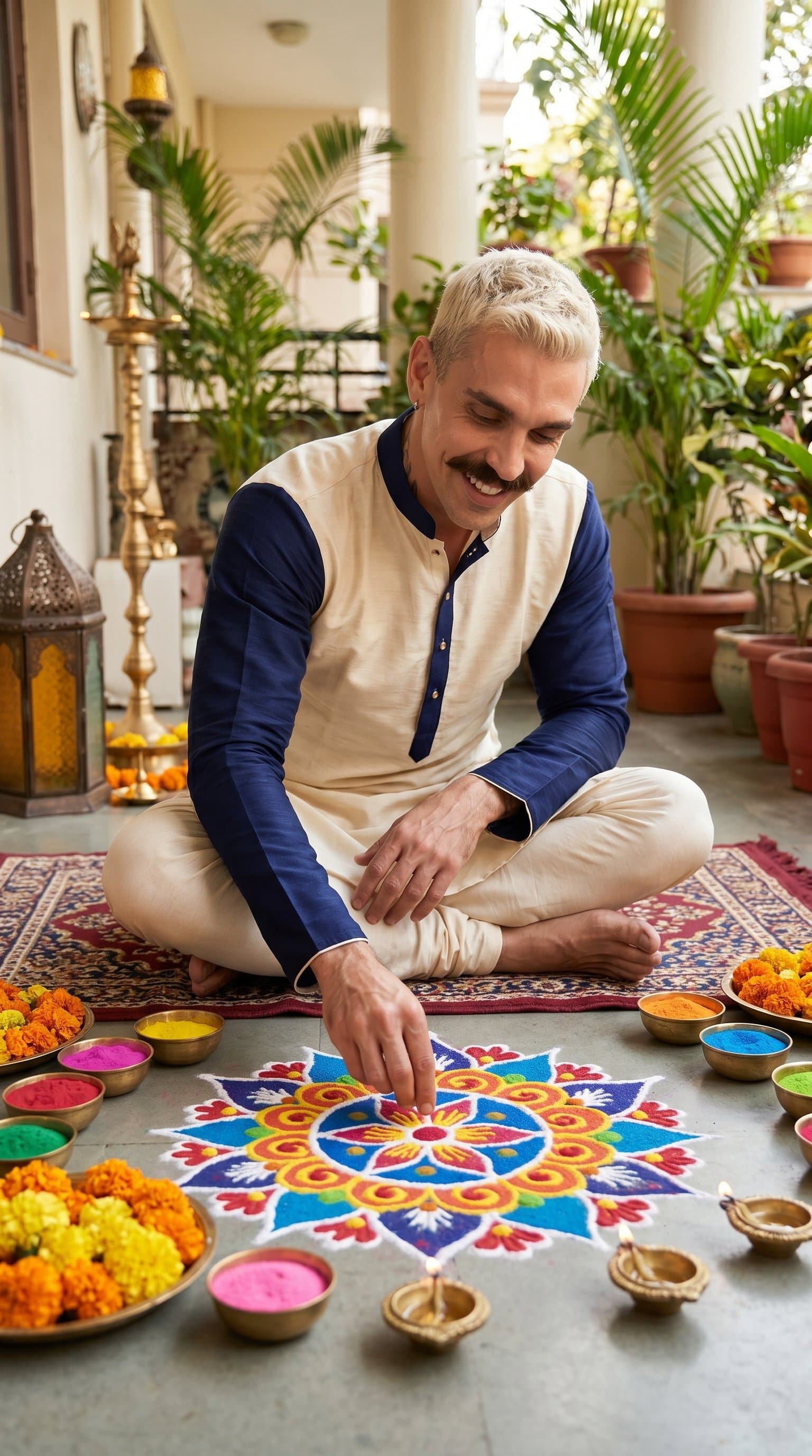 A man in traditional Indian attire, sitting cross-legged and arranging a colorful rangoli