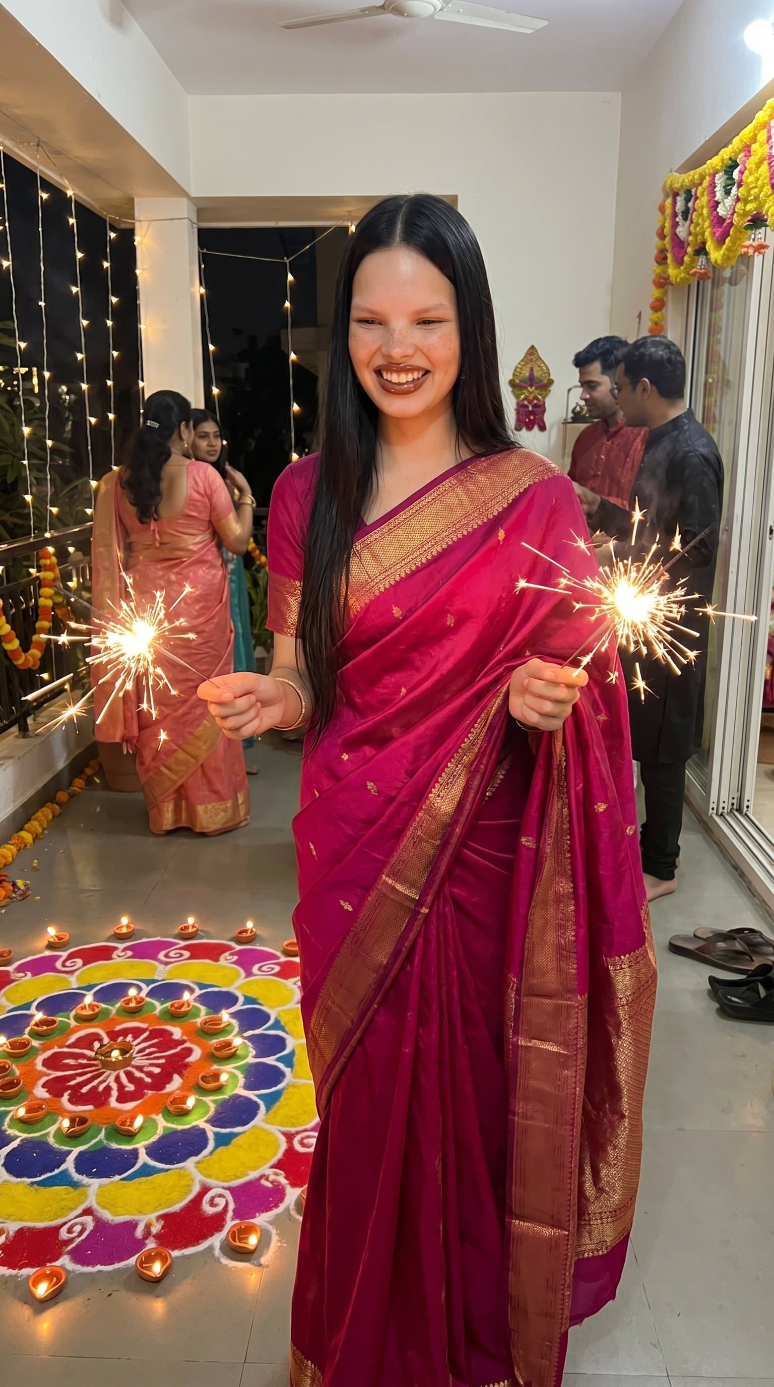 A woman wearing a vibrant saree, holding sparklers, with a lit rangoli in the foreground