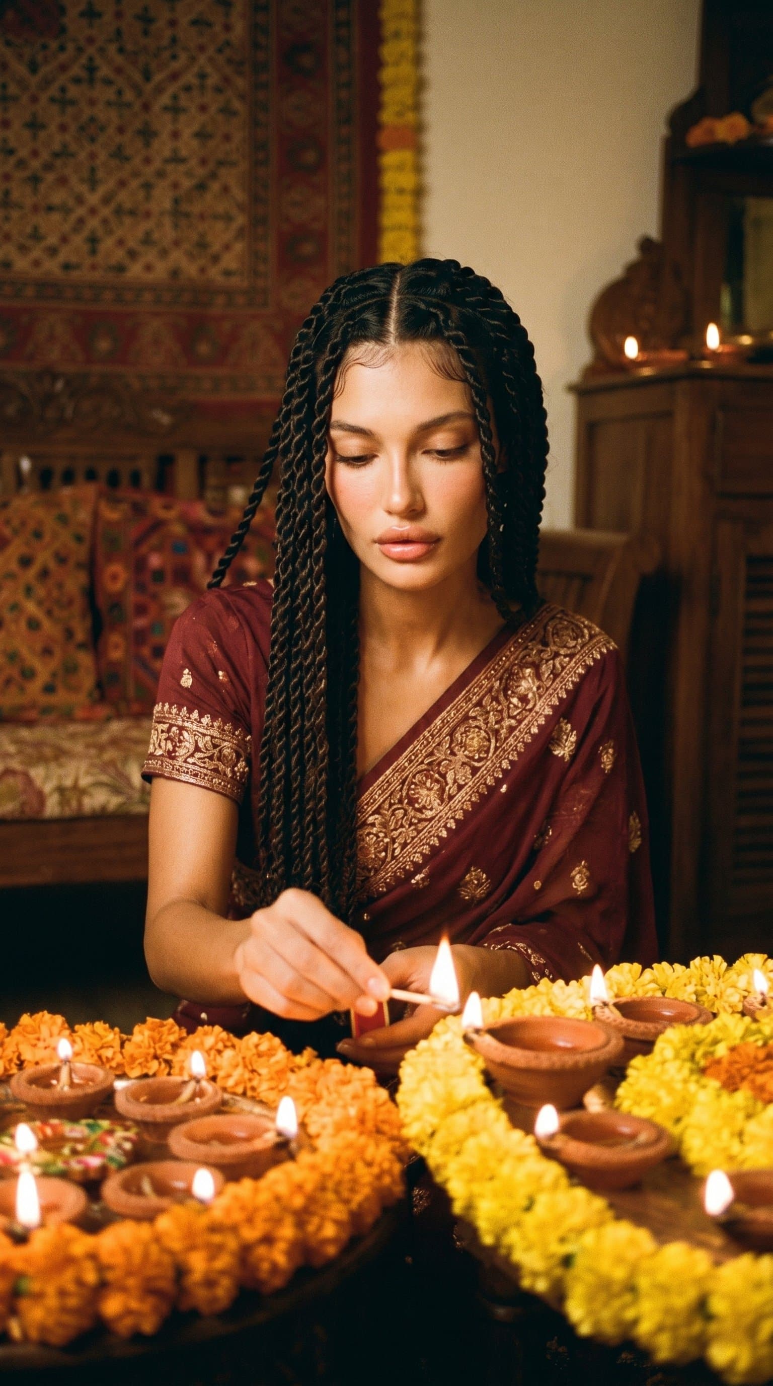 A woman in a traditional Indian outfit lighting diyas in a dimly lit room