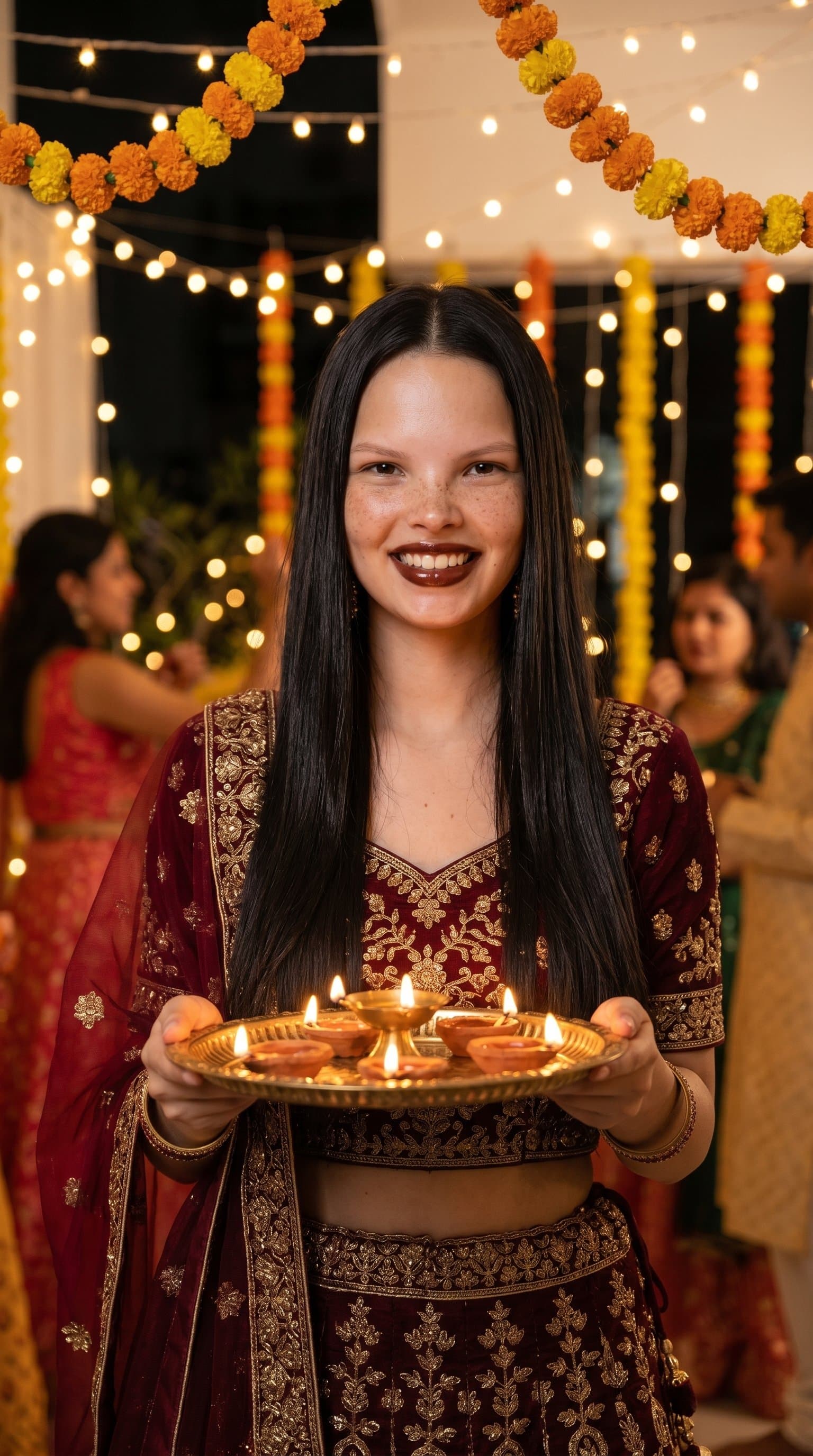 A woman in an ornate lehenga, holding a thali of diyas, against a backdrop of string lights