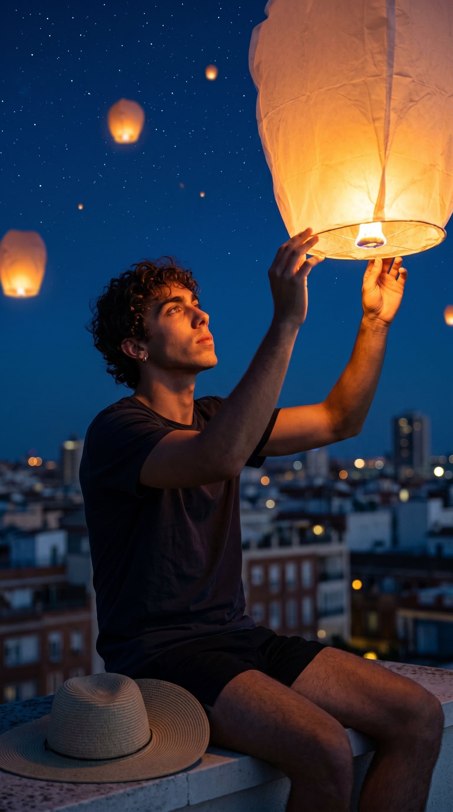 A man sitting on a rooftop, releasing a glowing sky lantern into the night sky