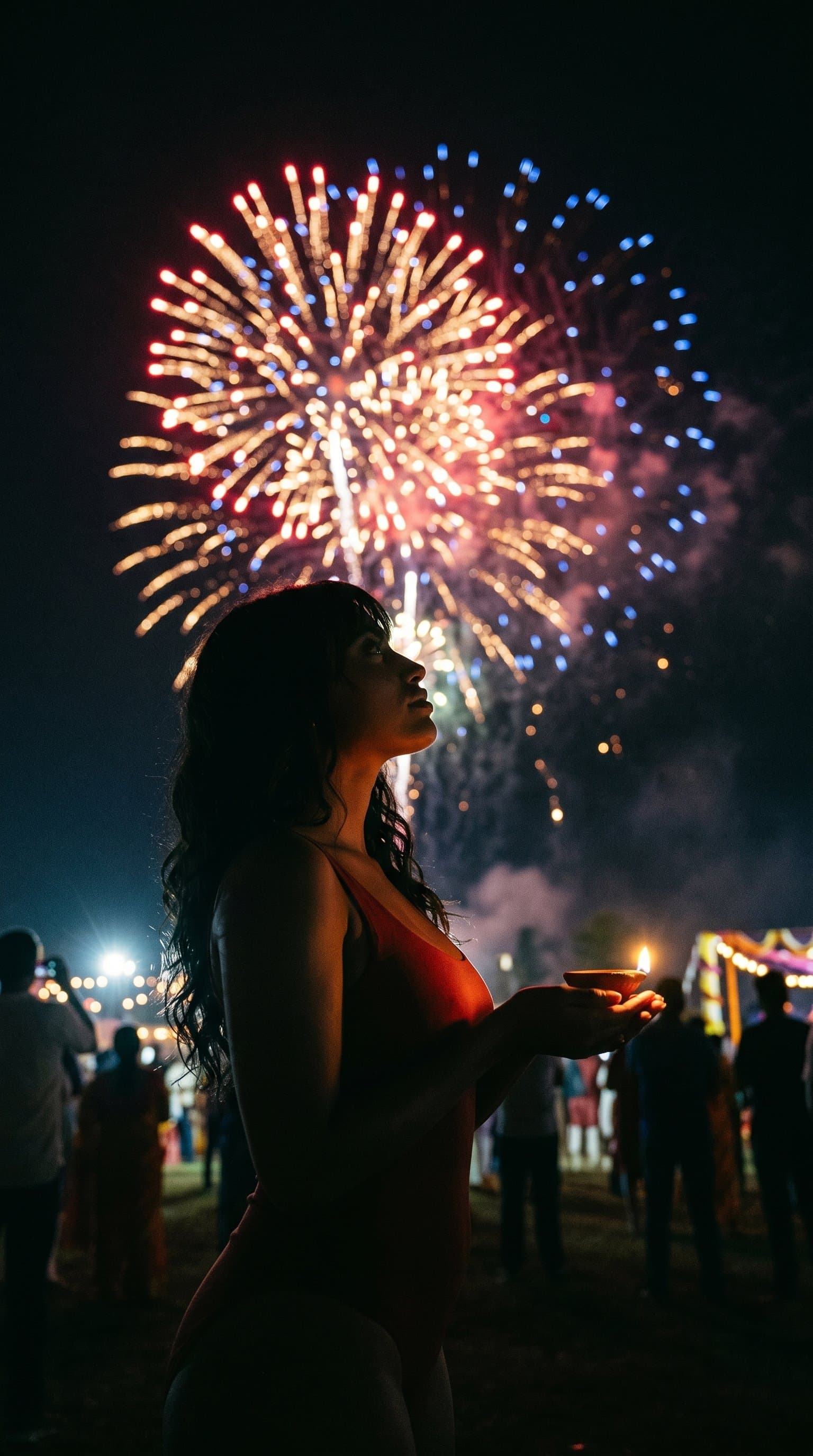 A woman's silhouette against a backdrop of fireworks, holding a diya in their hands