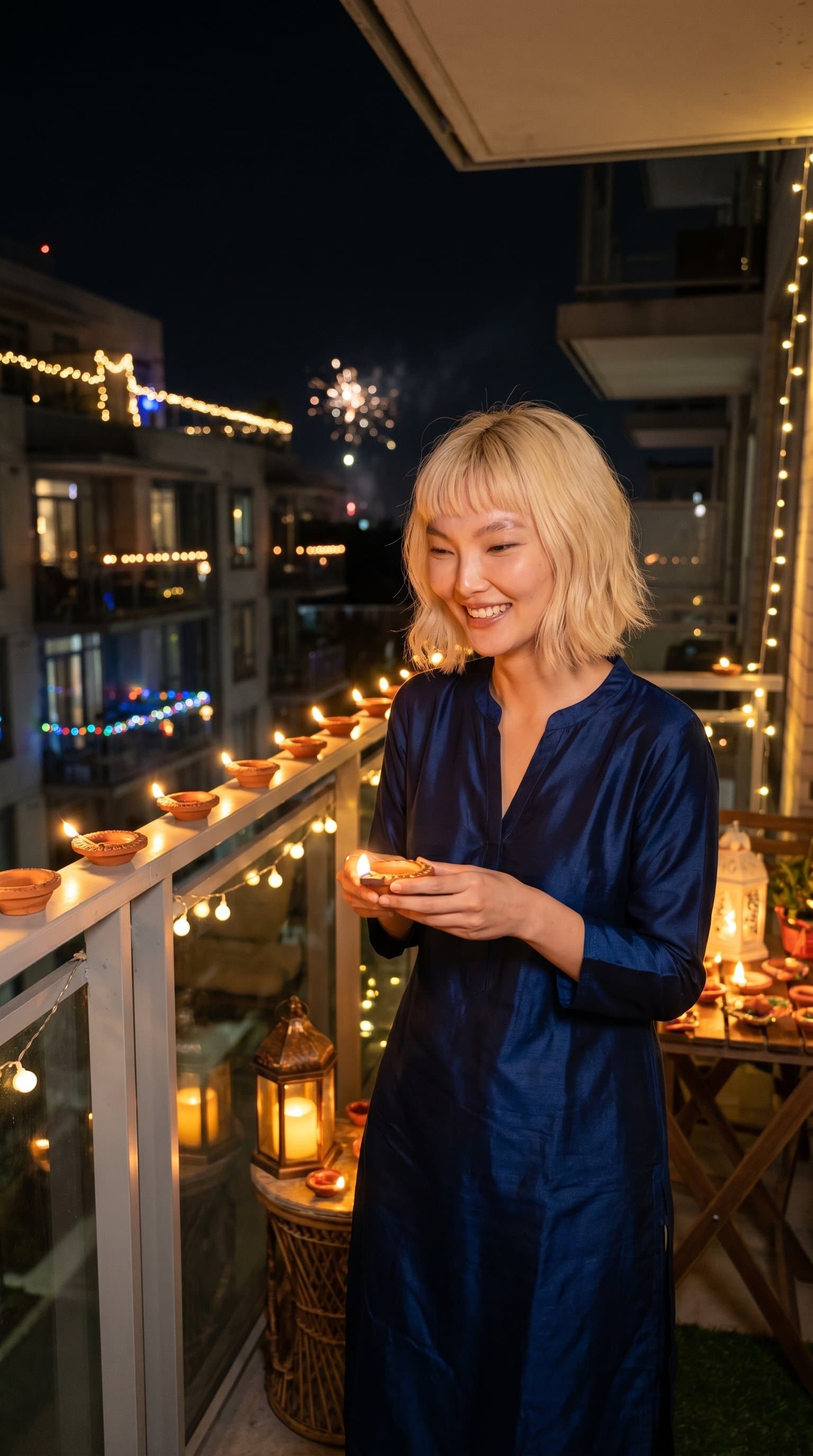 A woman enjoying a peaceful Diwali night on a balcony, with lit diyas creating a warm glow