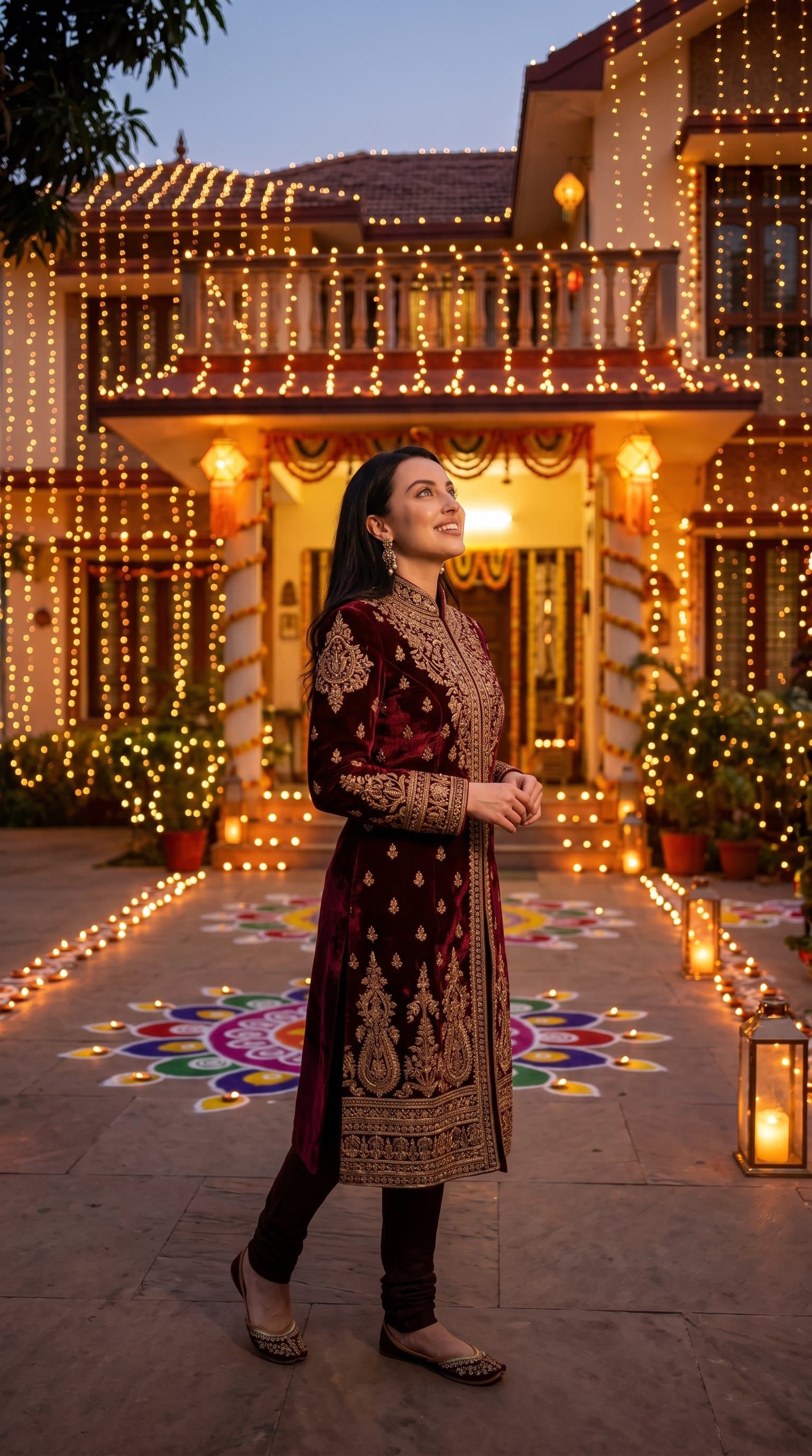A woman wearing a sherwani gazing at a beautifully decorated house with Diwali lights
