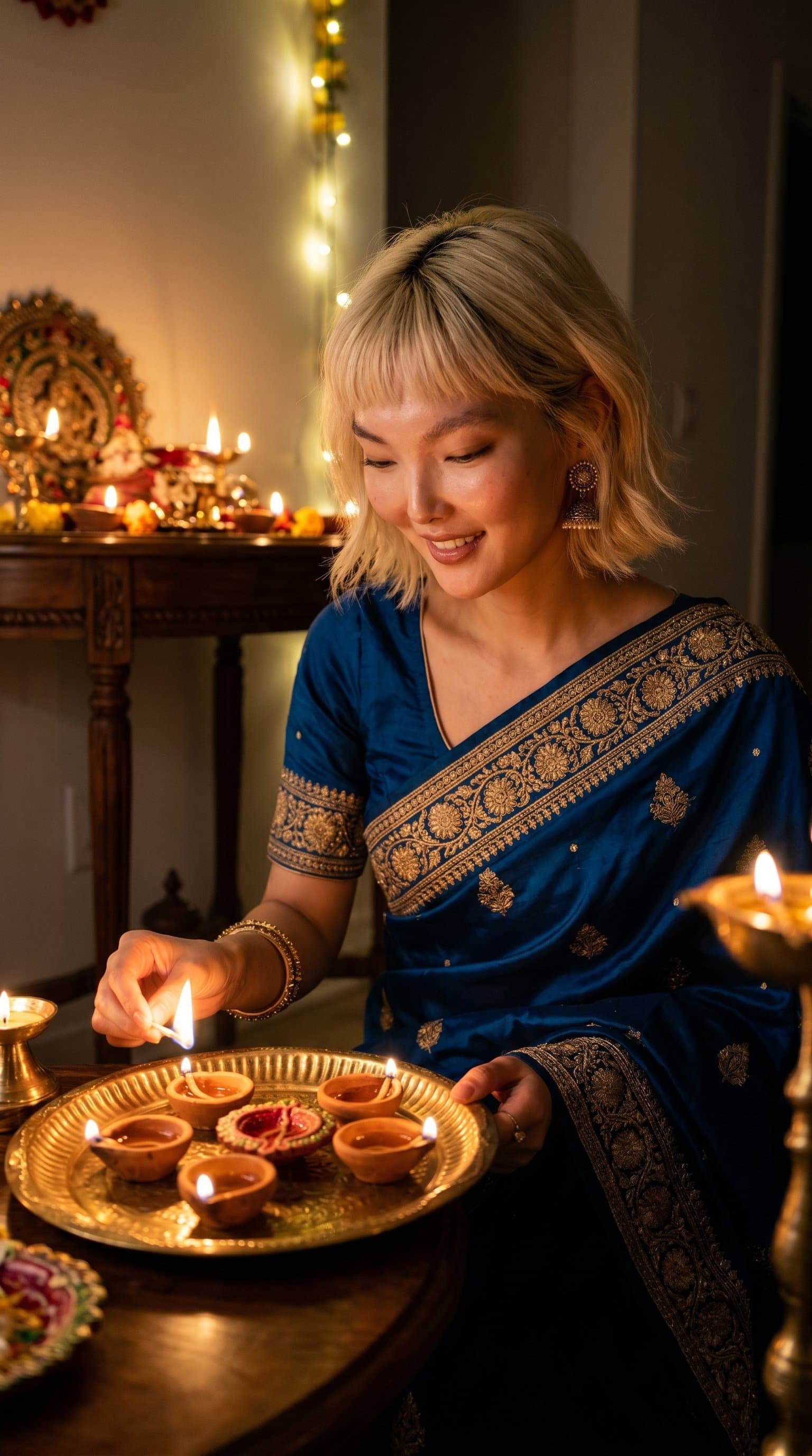 A woman in a traditional Indian outfit lighting diyas in a dimly lit room