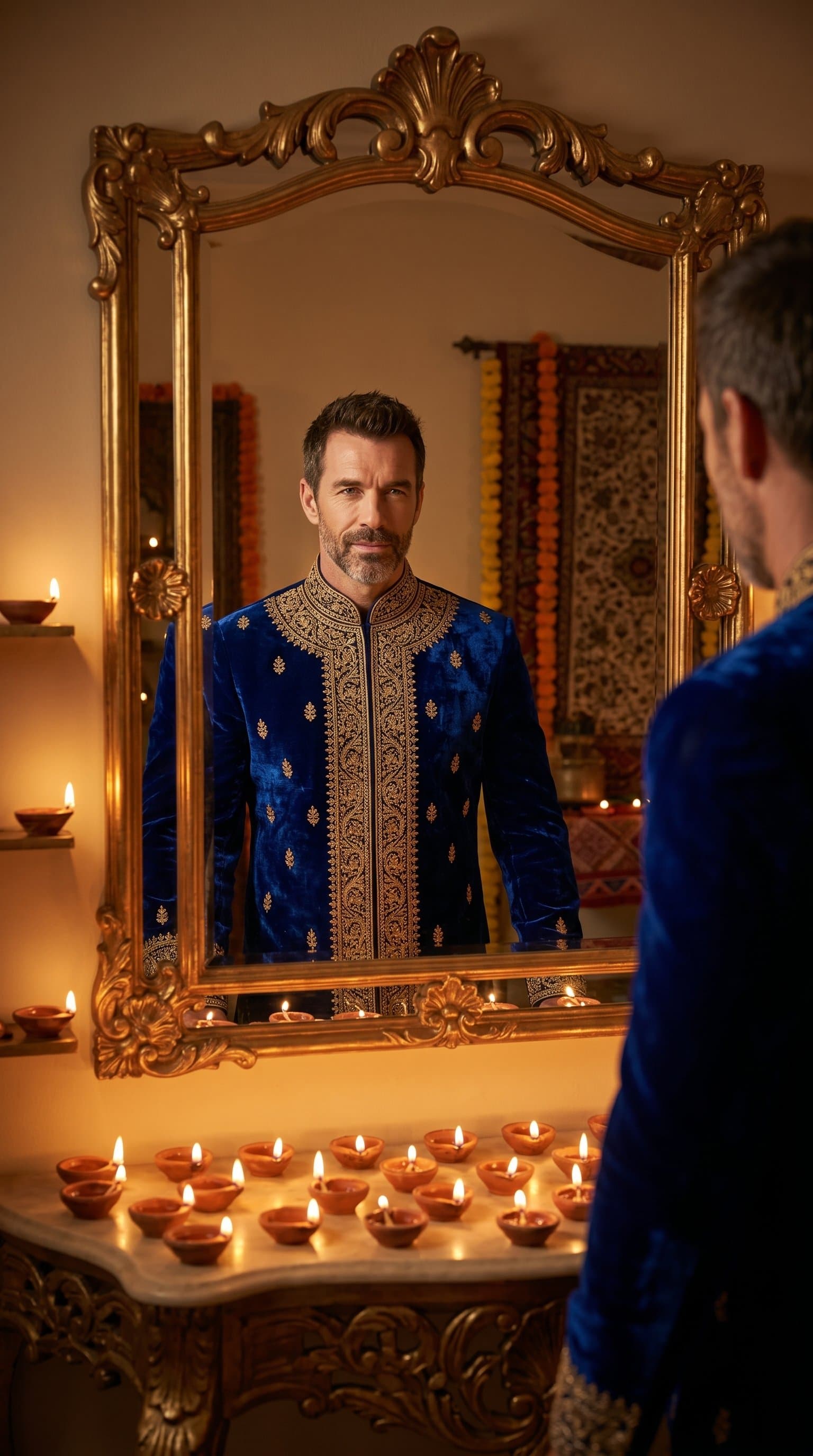 man's reflection in a mirror, clad in a gold-embroidered outfit, with diyas lighting the room