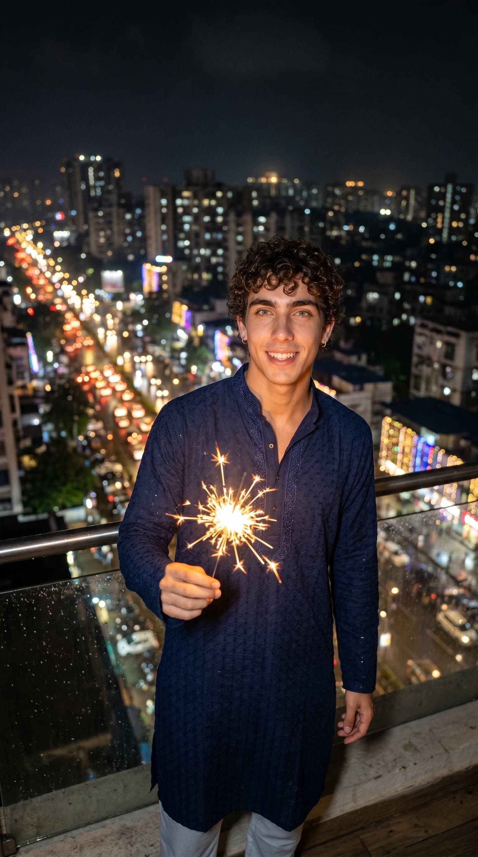 A man wearing a kurta and holding a sparkler, standing against an urban cityscape at night